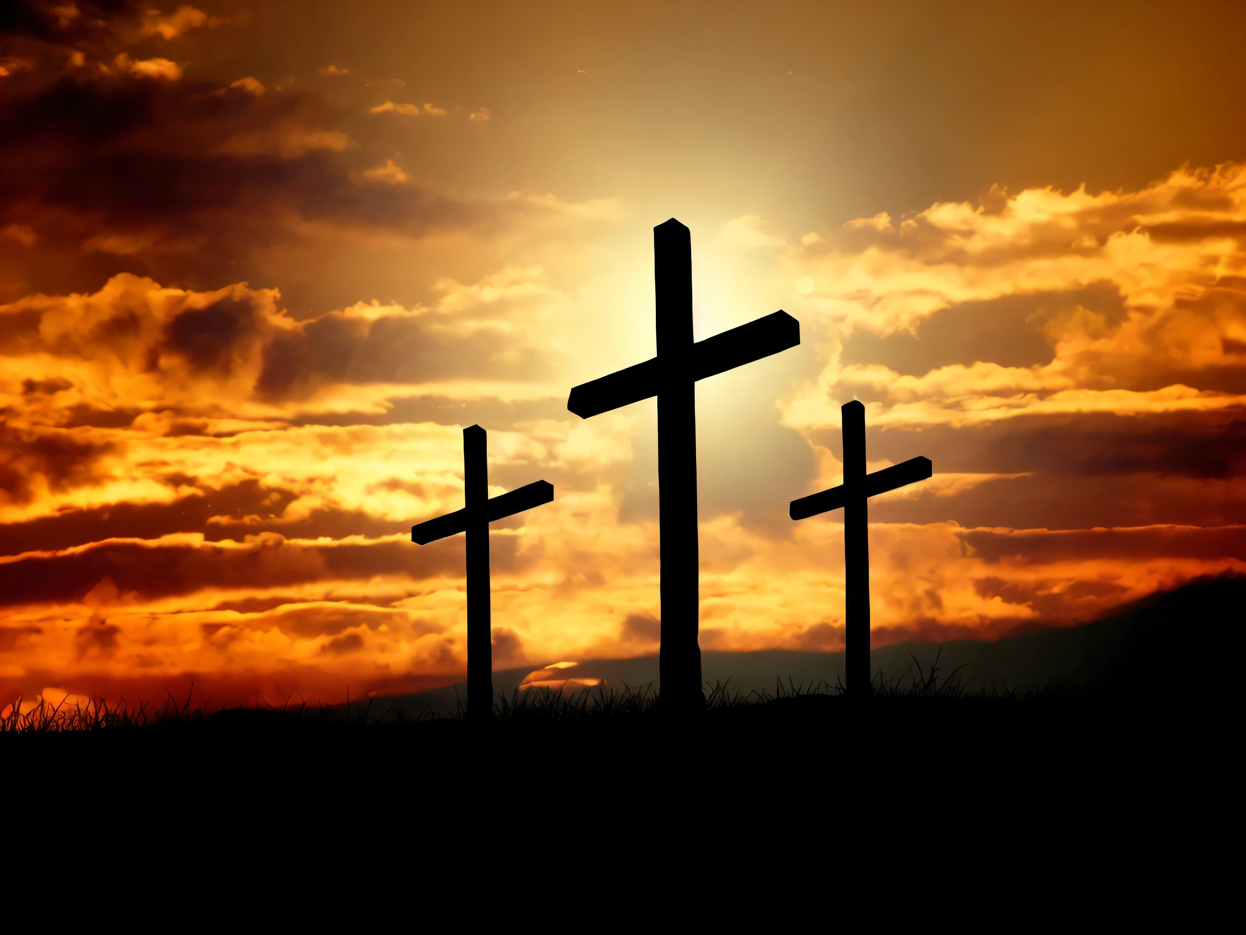 three crosses on a hill with a sunset in the background, cross, crosses, cross composition, crucifixion, religious, shutterstock, istock, shadow of the cross, crucifix, christianity, trinity, jesus on the cross, easter, blog-photo, holy, christalized, orthodox christianity, holy cross, stock image, behold, by Kurt Roesch
