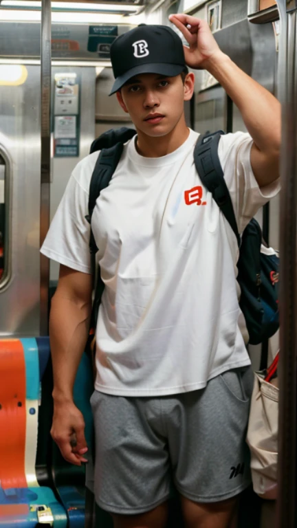 1 person,A 20-year-old man in the subway,Standing in a subway car,Ultra-flat head,Brown baseball cap,white tight t-shirt,A Gray Sports Shorts,leg apart,musculous,Handsome,Looking at the phone,Sport backpack,white short socks,White sneakers,exhilarated,Be red in the face,full bodyesbian,Exposing thighs,Expose calves,Thick leg hair,In crowded subway cars,gentlesoftlighting,tmasterpiece,best qualtiy,8K UHD,digital SLR camera,filmgrain,epic realism , epic photorealistic