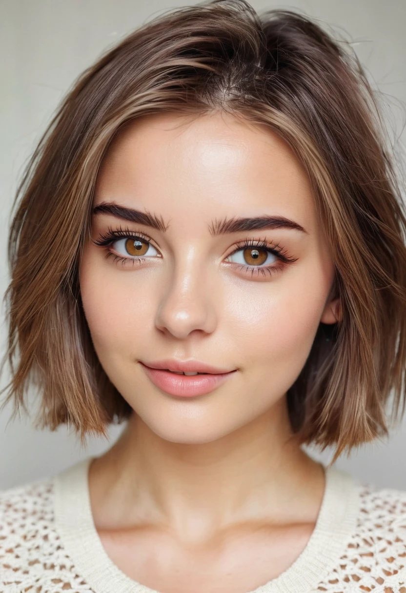 beautiful 23-year-old girl with short shoulder-length light brown hair, big amber eyes, white skin tone, long eyelashes, type of straight eyebrows, slight smile, full body, small bust, wide hipstype of straight eyebrows, slight smile, full body, small bust, wide hips