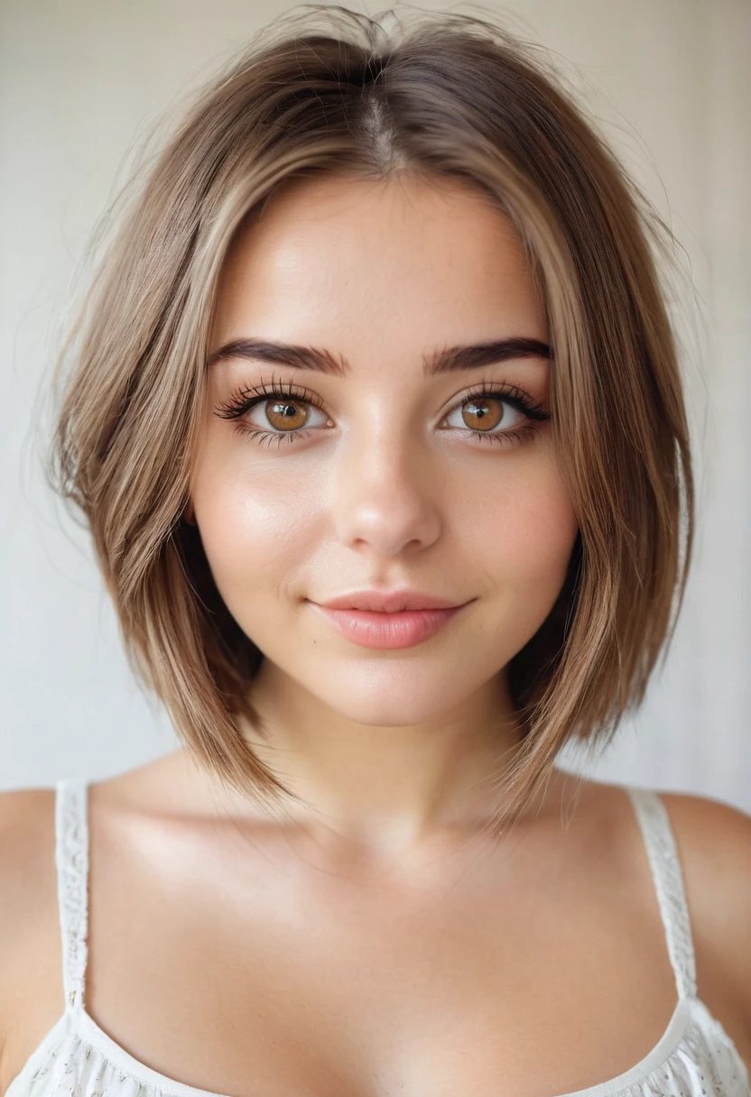 beautiful 23-year-old girl with short shoulder-length light brown hair, big amber eyes, white skin tone, long eyelashes, type of straight eyebrows, slight smile, full body, small bust, wide hipstype of straight eyebrows, slight smile, full body, small bust, wide hips