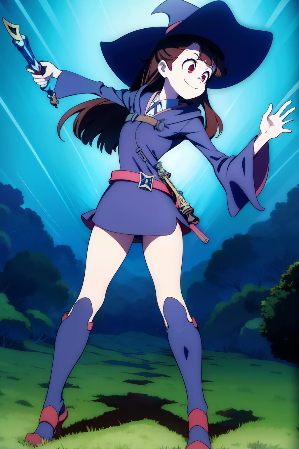 (best quality, top quality), masterpiece, best quality, kagari atsuko, 1girl, solo, red eyes, long hair, brown hair, luna nova , witch, witch hat, shirt, long sleeves, miniskirt, collared shirt, wide sleeves, white shirt, belt, boots, medium breasts, thighs,  happy, smile, magical girl, wand, full body,