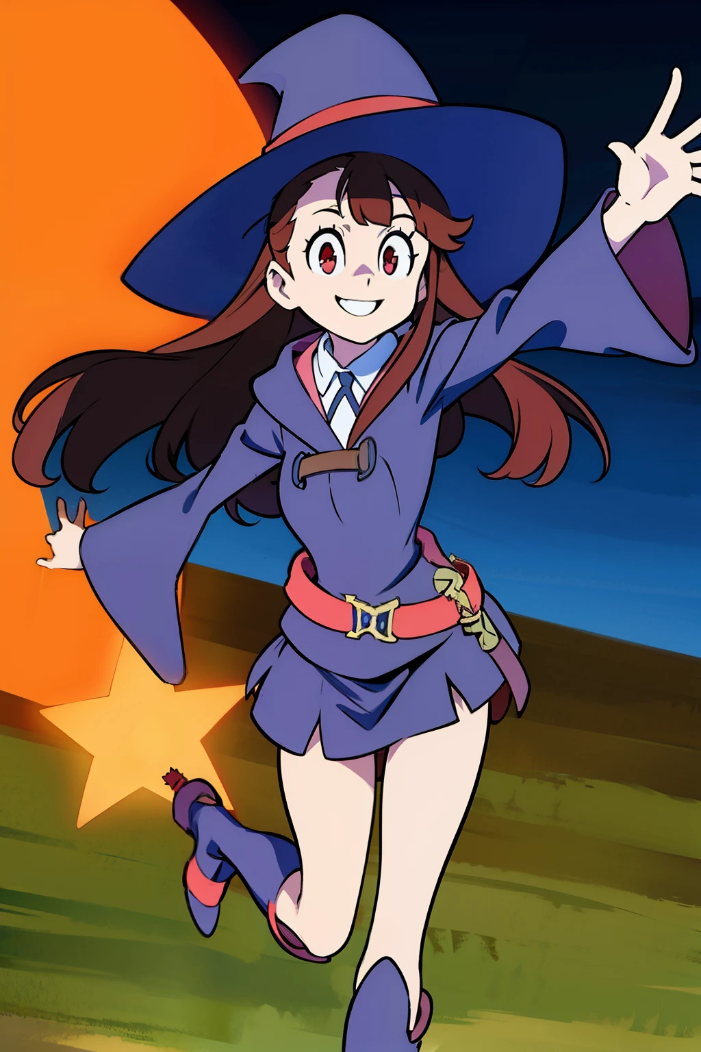 (best quality, top quality), masterpiece, best quality, kagari atsuko, 1girl, solo, red eyes, long hair, brown hair, luna nova , witch, witch hat, shirt, long sleeves, miniskirt, collared shirt, wide sleeves, white shirt, belt, boots, medium breasts, thighs,  happy, smile, magical girl, wand, full body,