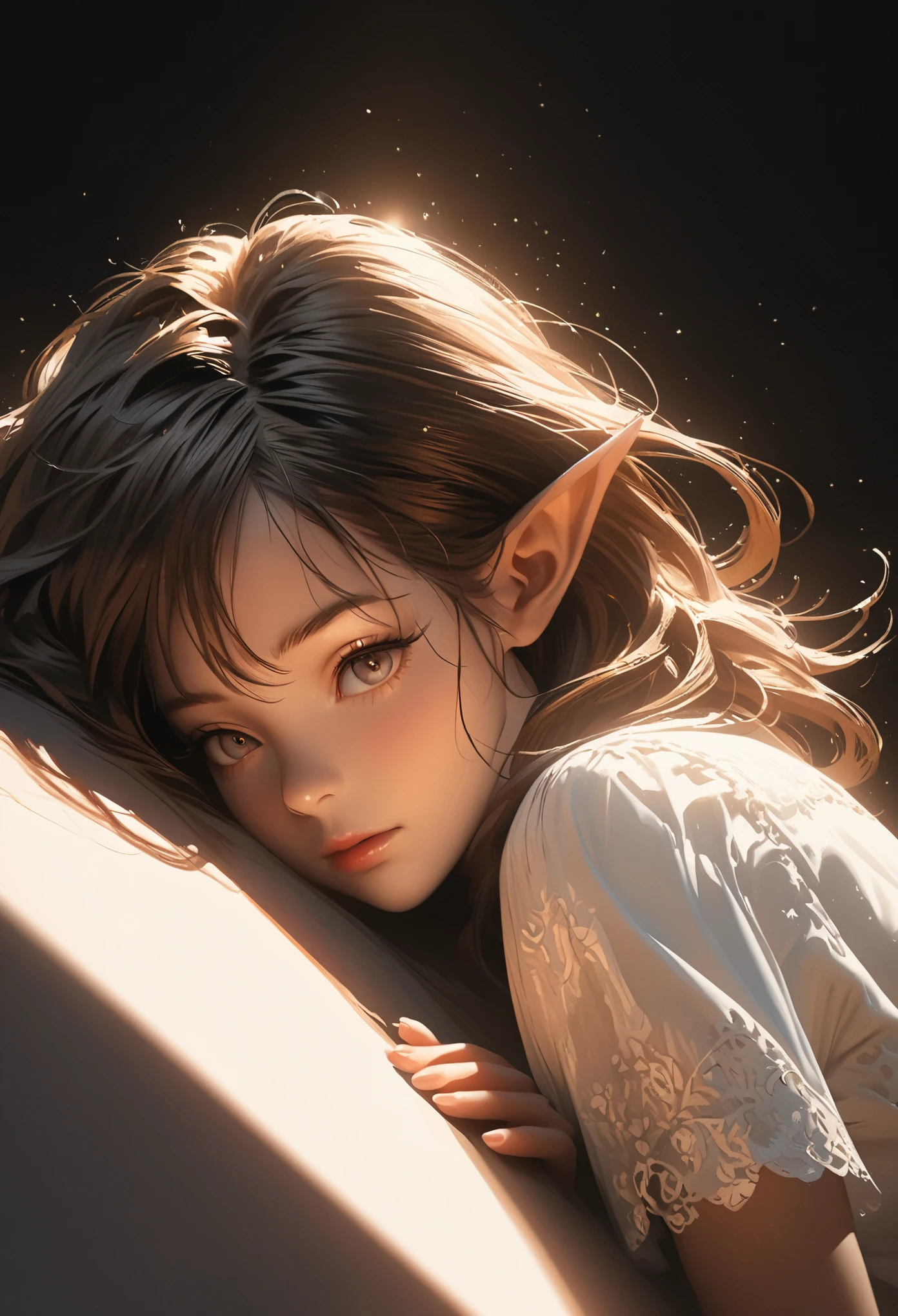 illustration,painting,acrylic painting,Rich details,Super small elf girl,Curled up,spotlight effect,full body portrait,black background,Real light and shadow contrast,Realistic ray tracing,True light falloff,True light reflection,anti-aesthetic style,Poodlepunk,Snapshot aesthetic style ,