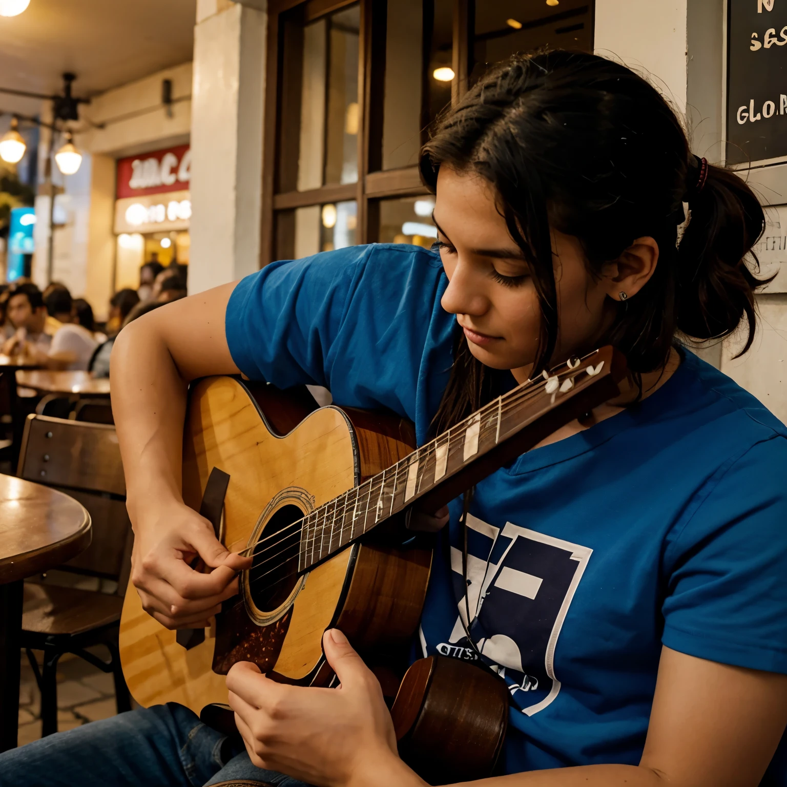 Crea un joven tocando guitarra en frente de un restaurante