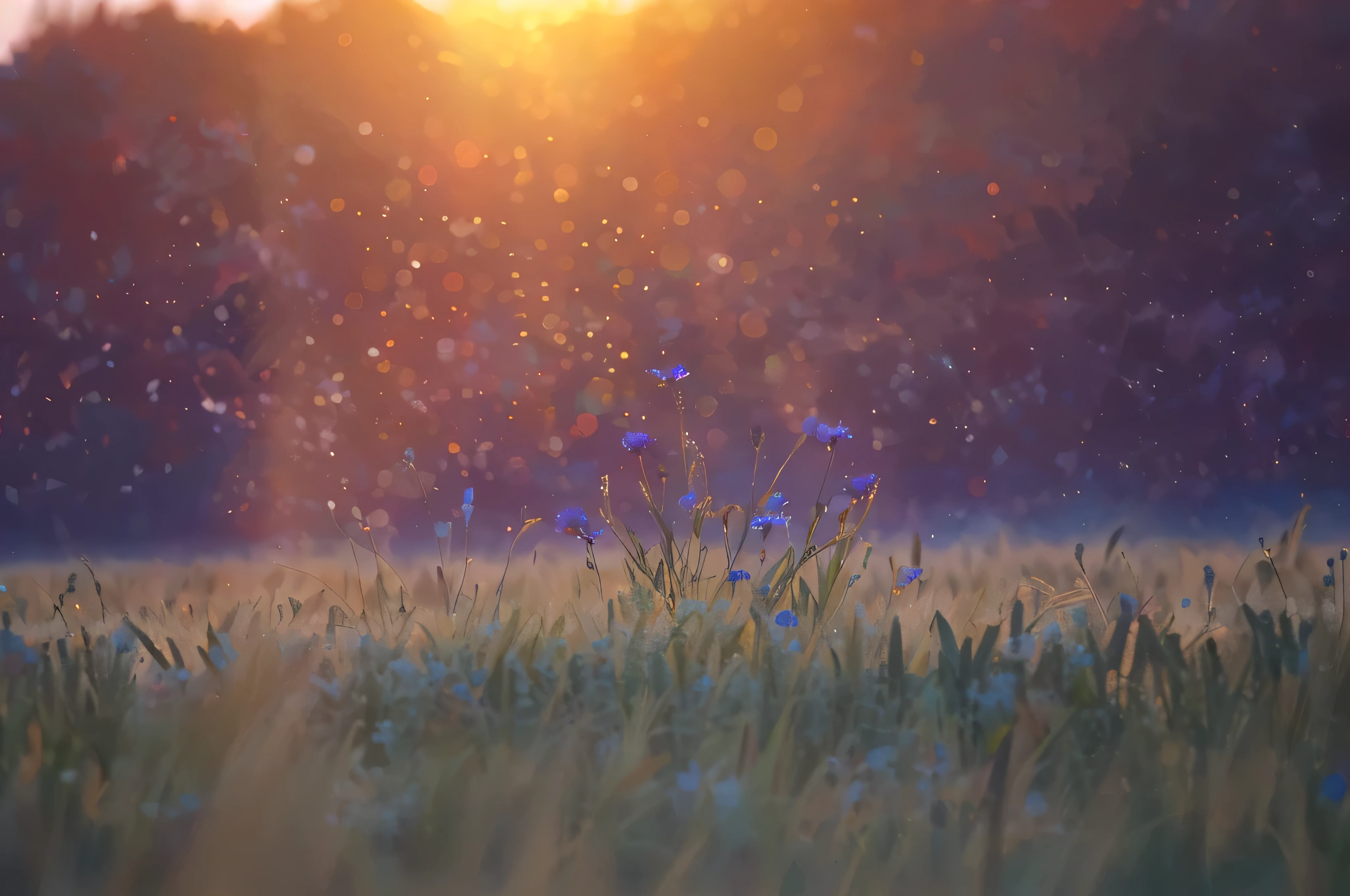 arafed field of grass with blue flowers in the foreground, summer morning dew, sundown misty firefly wisps, the brilliant dawn on the meadow, summer morning light, in soft dreamy light at sunset, the sun's rays through the dust, golden hour firefly wisps, summer morning, beautiful landscape bokeh, summer rain, early morning light, sparkles and sun rays