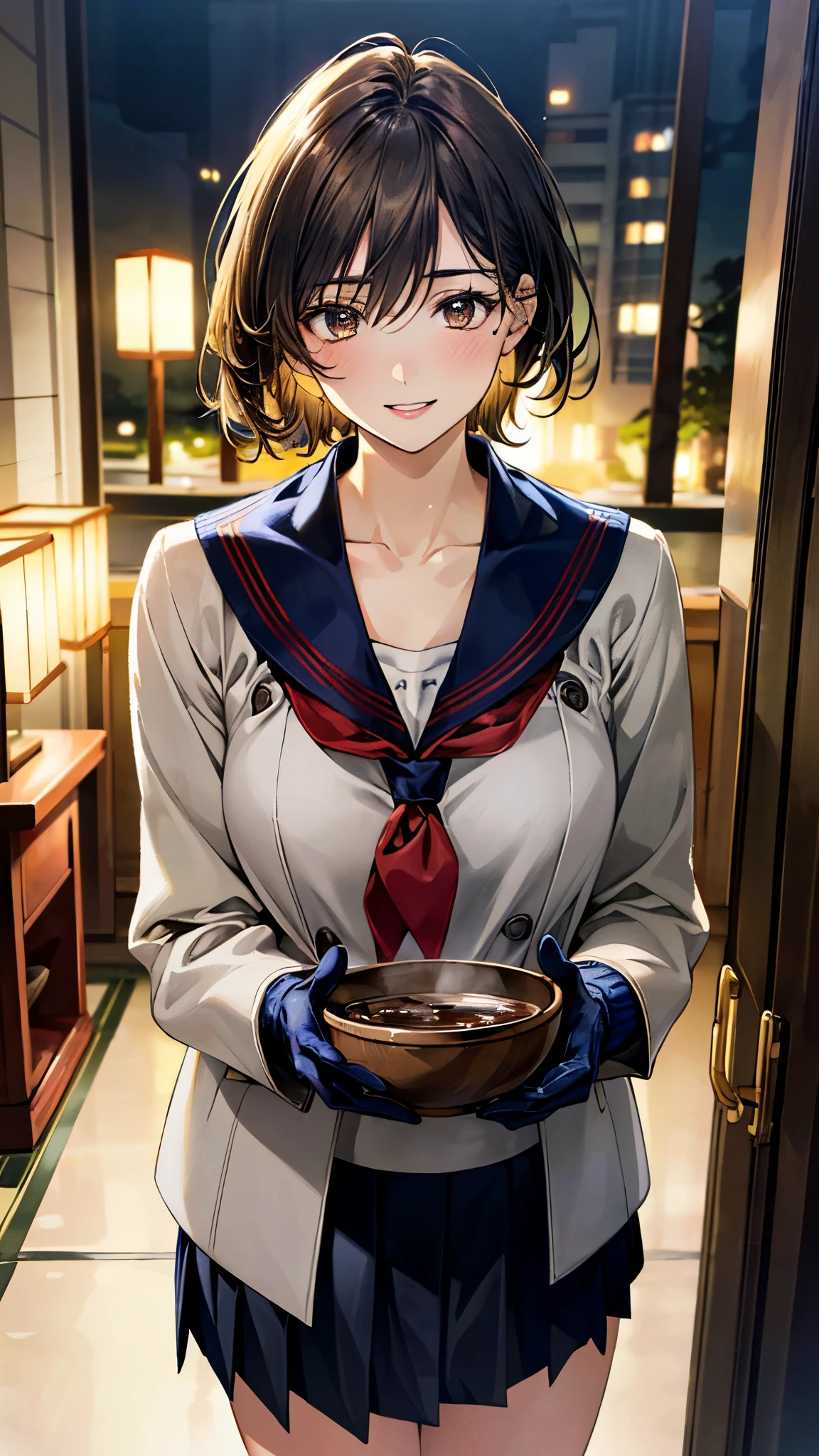 (masterpiece:1.3, top-quality, ultra high res, ultra detailed), (realistic, photorealistic:1.4), beautiful illustration, perfect lighting, natural lighting, colorful, depth of fields, surrealism,
beautiful detailed hair, beautiful detailed face, beautiful detailed eyes, beautiful clavicle, beautiful body, beautiful chest, beautiful thigh, beautiful legs, beautiful fingers,
looking at viewer, 1 girl, japanese, high school girl, , (perfect anatomy, anatomically correct), cute and symmetrical face, babyface, pet face, shiny skin,
(short hair:1.7, bowl-cut:1.4, light brown hair), hair between eyes, brown eyes, long eye lasher, (large breasts:0.5, seductive thighs),
(((gray medium coat, muffler, knitted gloves), navy pleated skirt, navy sailor collar, red sailor scarf)),
(beautiful scenery), , evening, (hotel room), (happy smile, parted lips),