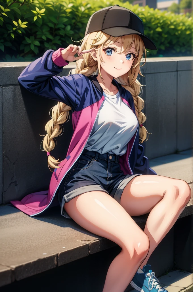 female anime character sitting at the bleachers wearing a baseball cap and stockings, 1girl, solo, shorts, blonde hair, hat, braid, sitting, blue eyes, thighhighs, baseball cap, twin braids, smile, shoes, shirt, sneakers, long hair, jacket, breasts, white shirt, looking at viewer, short shorts, black headwear, black thighhighs, thighs