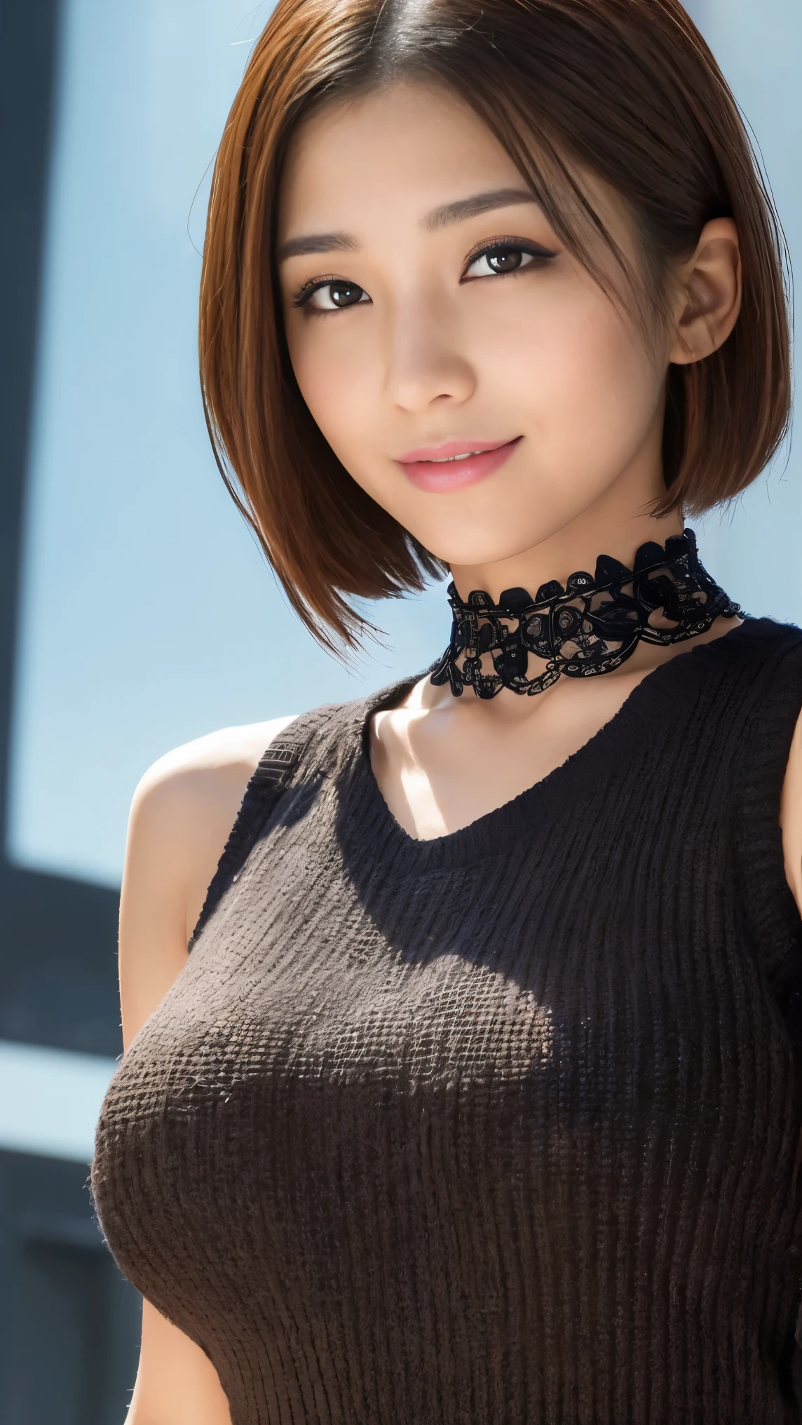 黒いsleeveless sweaterを着た日本女性、 (((masterpiece))), ((highest quality)), ((intricate details)), (((超realistic)), absurd solution, near and far law, very detailed, realistic, 1 girl, ((big breasts)), perfect hands, finger details, beautiful and detailed eyes, short hair, brown eyes,(sleeveless sweater:1.2), Black knitted dress, detailed background, choker, perfect eyes, enchanting eyes, look at the audience, From diagonally above the right、laughter、mole around the mouth、