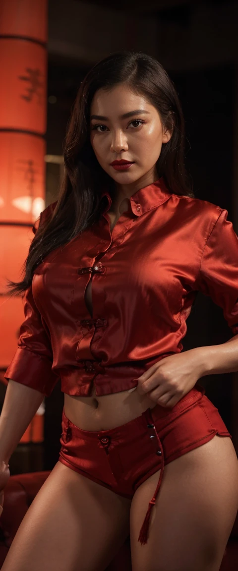 30-year-old, ((fully dressed)), Japanese woman, (((red buttoned silk shirt and red shorts))), (((in a Chinese night club))), gorgeous, black hair, beautiful, full body shot, d-cup breasts, big breasts, ((chubby)), curvy, (big waist), cinematic lighting, (((centered))), captivating, portrait shot, rough skin, realistic brown eyes, realistic long eyelashes, realistic eyebrows, realistic nose, realistic full lips, red lipstick, realistic ears, looking directly at the camera, 4K, HDR