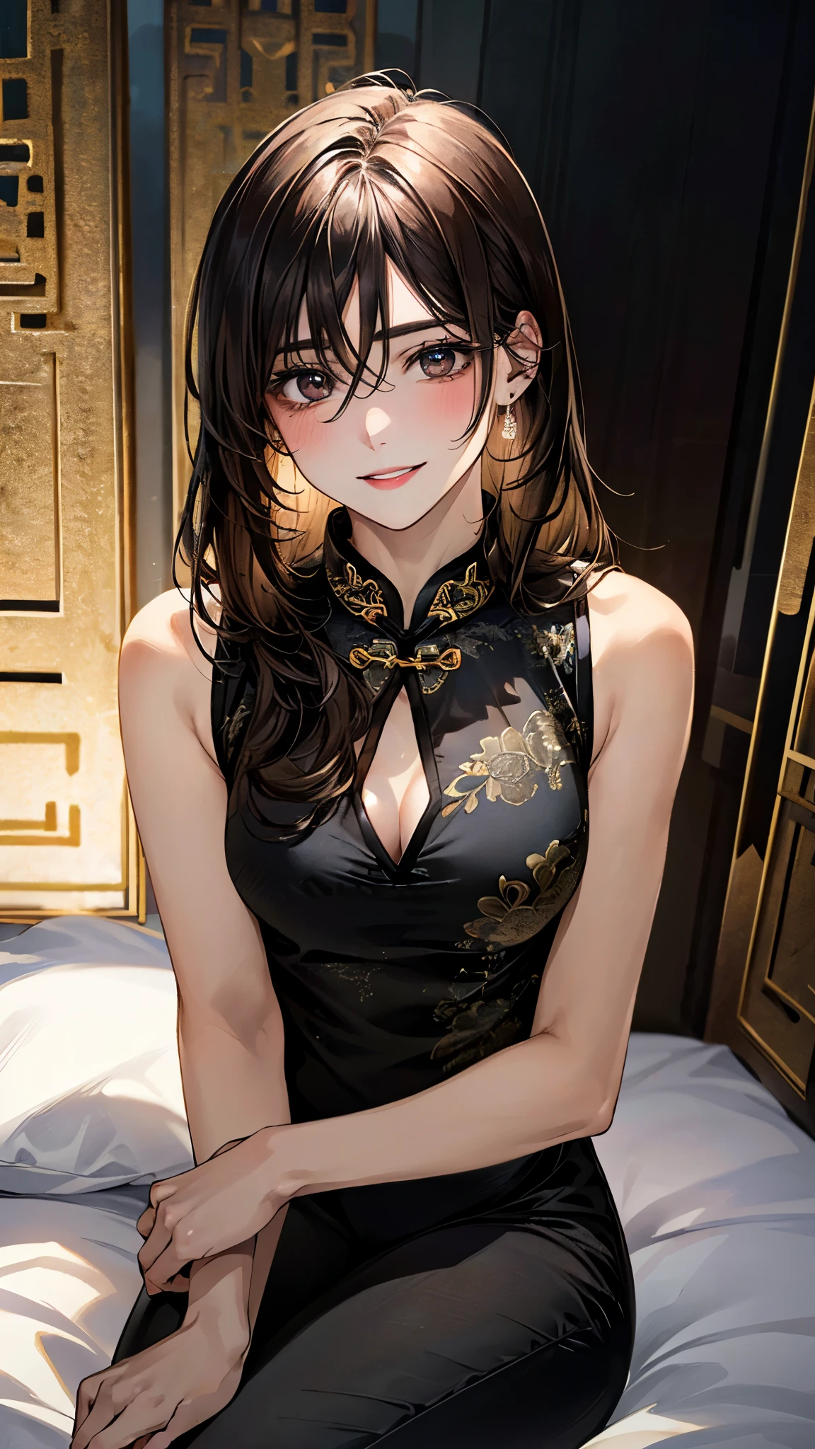 (masterpiece:1.3, top-quality, ultra high res, ultra detailed), (realistic, photorealistic:1.4), beautiful illustration, perfect lighting, natural lighting, colorful, depth of fields, surrealism,
looking at viewer, 1 girl, , 7 headed body, perfect face, (perfect anatomy), cute and symmetrical face, baby face, s, (Ideal ratio body proportions),
(long hair:1.7, straight hair:1.5, brown hair), hair between eyes, black eyes, long eye lasher, (large breasts:1.2, seductive thighs), slender, small buttocks, skinny legs,
beautiful hair, beautiful face, beautiful detailed eyes, beautiful clavicle, beautiful body, beautiful chest, beautiful thigh, beautiful legs, beautiful fingers,
((sleeveless black mini cheongsam)), high heels, anklets,
(beautiful scenery), evening, (hottel room), (happy smile, parted lips),