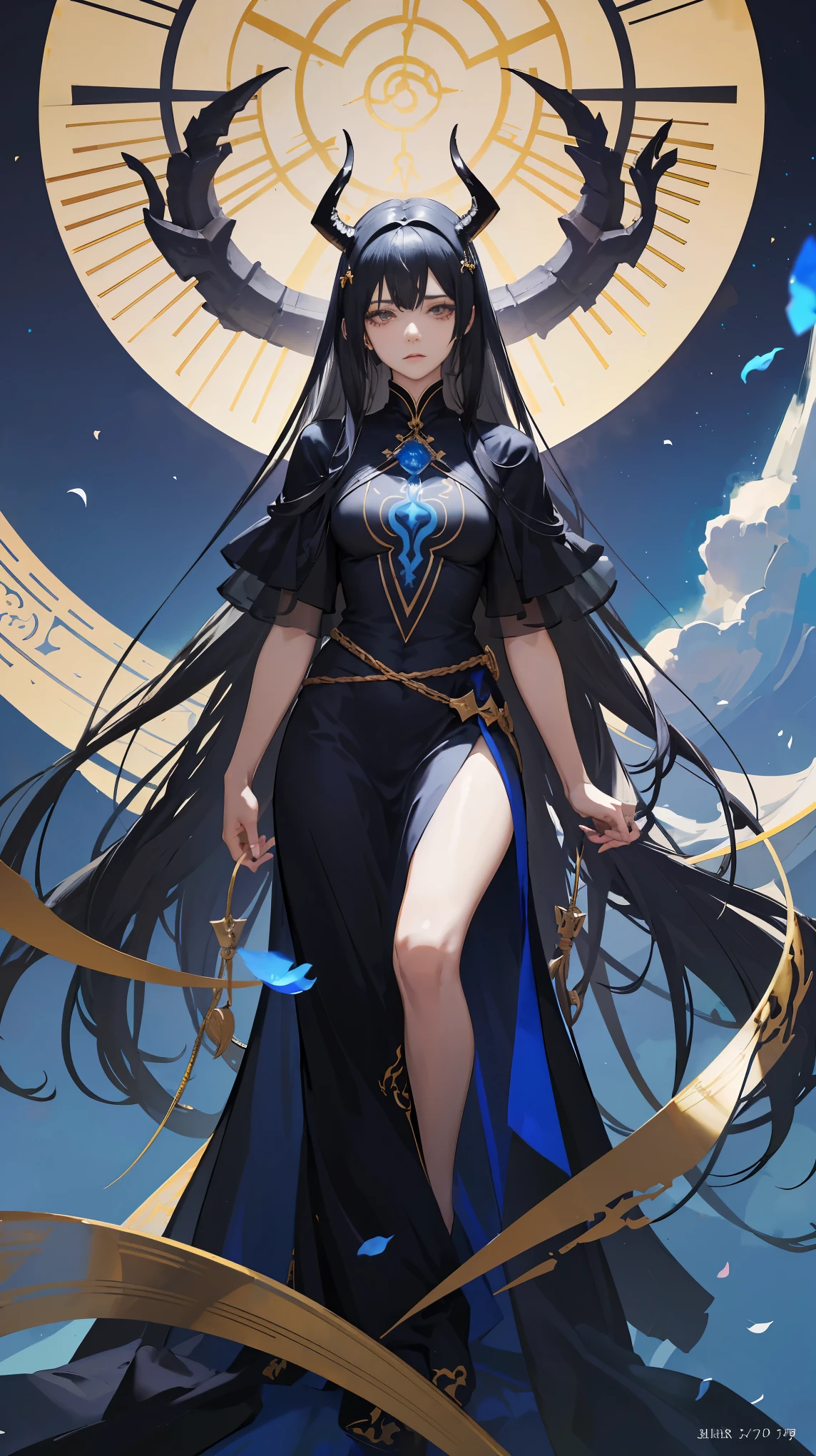 Seven Rhaeyar (Deylta), Ancient Star goddess, Perfect female anatomy (Adult Female, 166cm in height, pale skin, slim, slender, 34D breast size, Gray Eyes, Long Black Hair, Beauty Mark Mole on right cheek bone, a set of black horns on her head), Neutral facial expression, Elegant white, black and blue dress female uniform dress with gold and rope accessories and dragon motifs, View of the open blue sky with only clouds, receiving light from the front, Ethereal glow, blue petals 