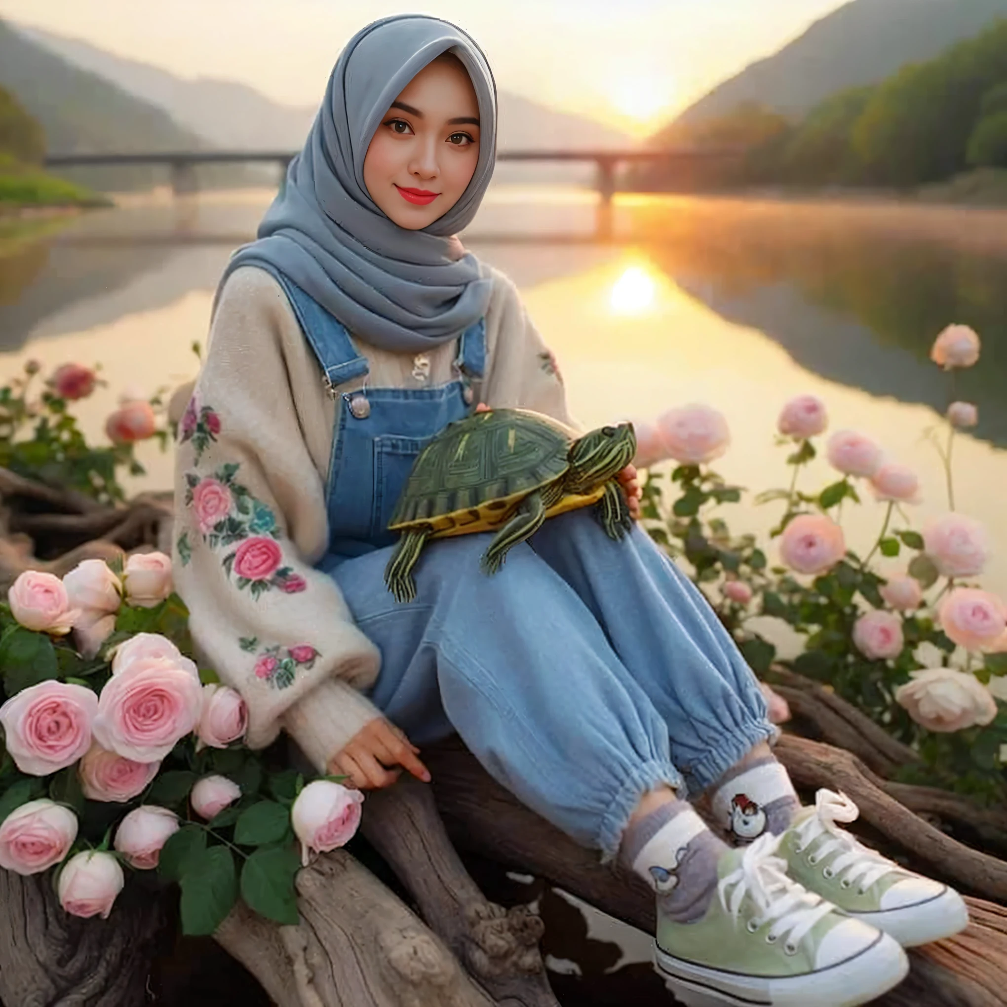 there is a woman sitting on a log with a turtle, beautiful aesthetic, hijab, cute and lovely, with lovely look, realism artstyle, cute woman, wearing a hoodie and flowers, profile pic, with sunset, realism art, inspired by Fathi Hassan, lovely and cute, high quality portrait, realistic picture, casual clothing style, inspired by Shaddy Safadi