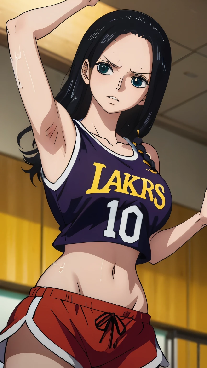 a close up of a person wearing a basketball uniform, a picture, inspired by Kentaro Miura, trending on pixiv, Nico Robin, One Piece, wearing yellow nba jersey, yellow croptop nba jersey, wearing a low cut croptop, wearing croptop, croptop, the word "Lakers" on the croptop, golden raito, (winking), shirobako, large)}], favorite scene, fine details. anime. skins, sweating, big breasts, both hands raised, armpits, armpits visible, dripping with sweat, more more sweat, sweaty armpits