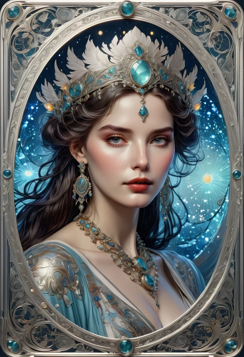 (masterpiece, best quality, 8K, high resolution, actual, detailed), tarot cards, queen pattern, Silver card frame with gemstones, fantasy art, fair, aesthetics, , Alphonse Mucha style,