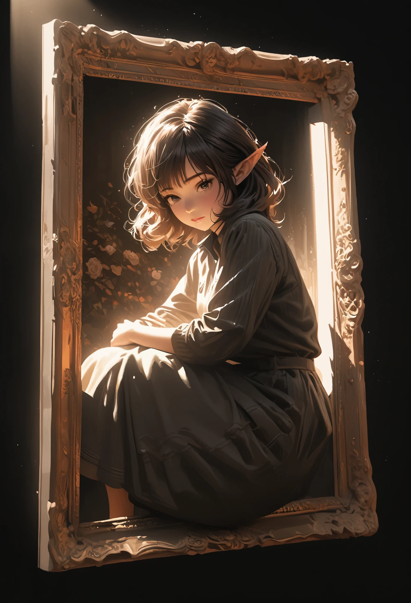 illustration,painting,acrylic painting,Rich details,Super small elf girl,Curled up,spotlight effect,full body portrait,black background,Real light and shadow contrast,Realistic ray tracing,True light falloff,True light reflection,anti-aesthetic style,Poodlepunk,Snapshot aesthetic style ,