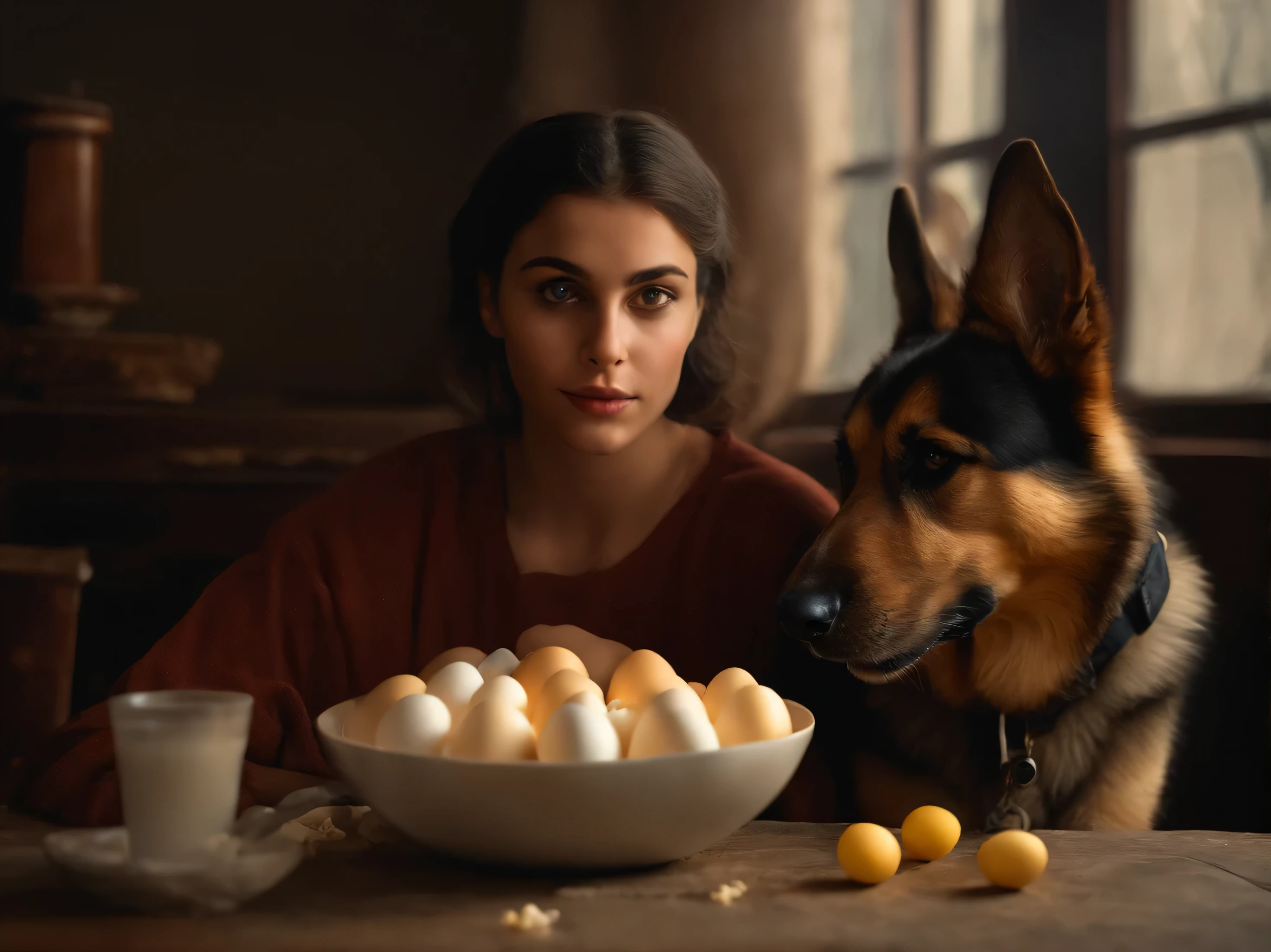 Fotorrealista de una joven granjera, 19 years old, with a German shepherd at his side who is eating white eggs, (movie: 1.2), Detalles intrincados, (art station: 1.3), rutkowski