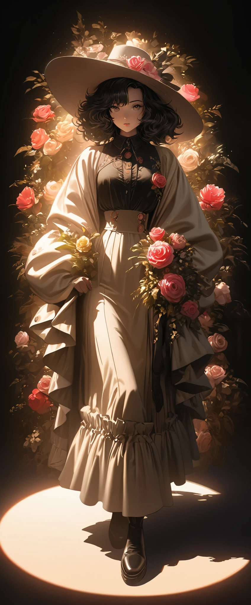 illustration，，acrylic ，Thick coating，victorian art style，genius girl，Beautiful clothes made of flowers，（full body portrait：1.4），Wide-brimmed hat，spotlight effect，rim light，Glowing special effects，Bright colors、bright，high saturation，high contrast，black background，Ultra-fine，Surreal，Real light and shadow contrast，realistic raytracing，True light attenuation，True light reflection，anti-aesthetic style，poodle punk，Snapshot aesthetic style