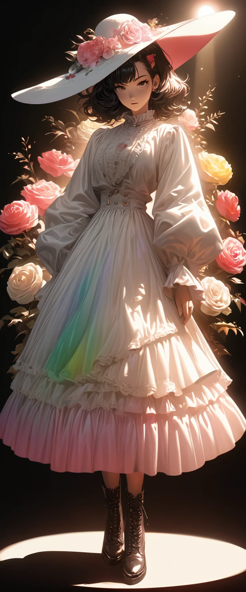 illustration,,acrylic ,Thick coating,victorian art style,genius girl,Beautiful clothes made of flowers,(full body portrait:1.4),Wide-brimmed hat,spotlight effect,rim light,Glowing special effects,Bright colors、bright,high saturation,high contrast,black background,Ultra-fine,Surreal,Real light and shadow contrast,realistic raytracing,True light attenuation,True light reflection,anti-aesthetic style,poodle punk,Snapshot aesthetic style