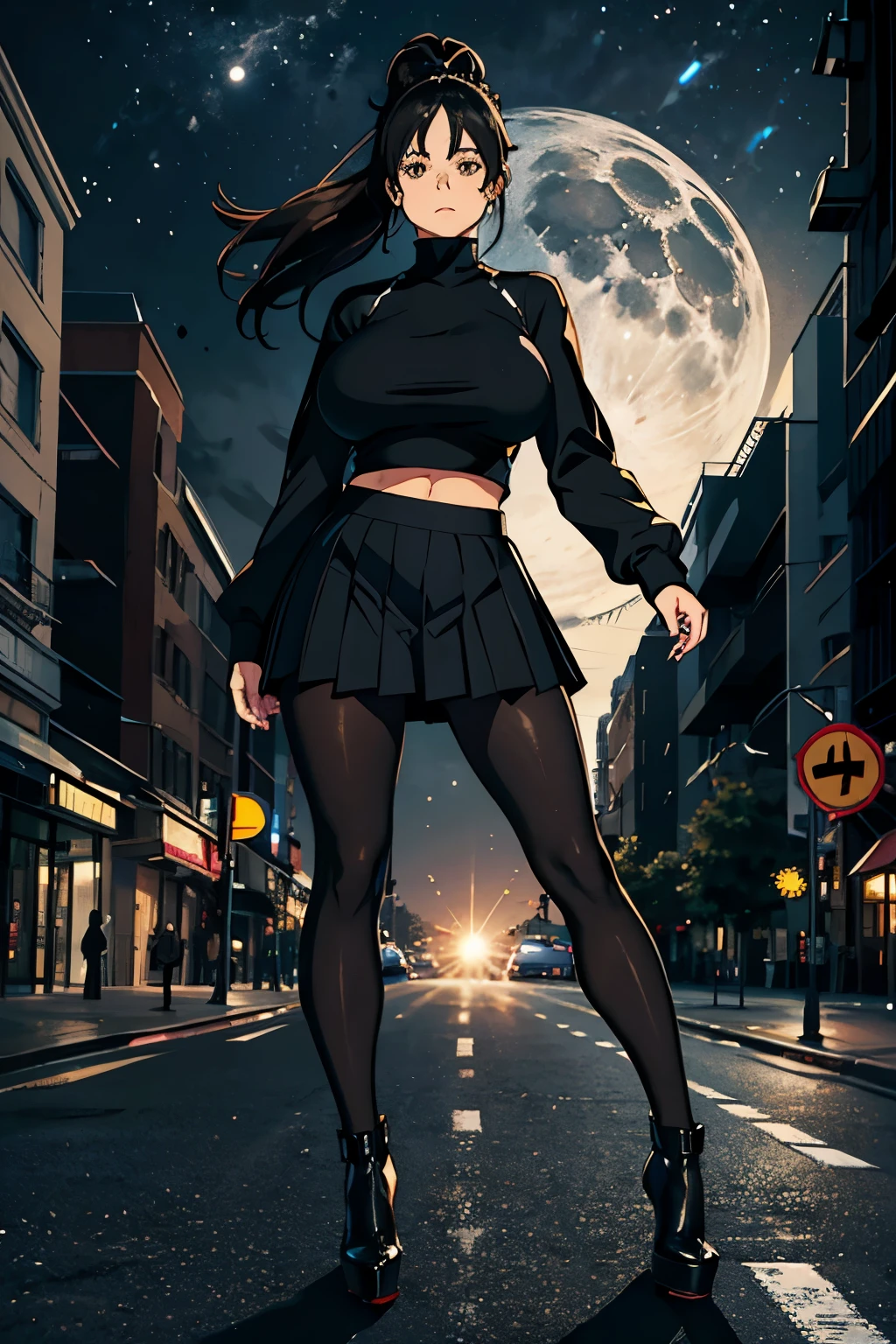 A girl with big breasts, wide hips, wearing leggings and a pleated skirt, high heels, a black sports top with long sleeves, long black hair tied in a ponytail, bright brown eyes, on a random street on a moonlit night, body photo whole,