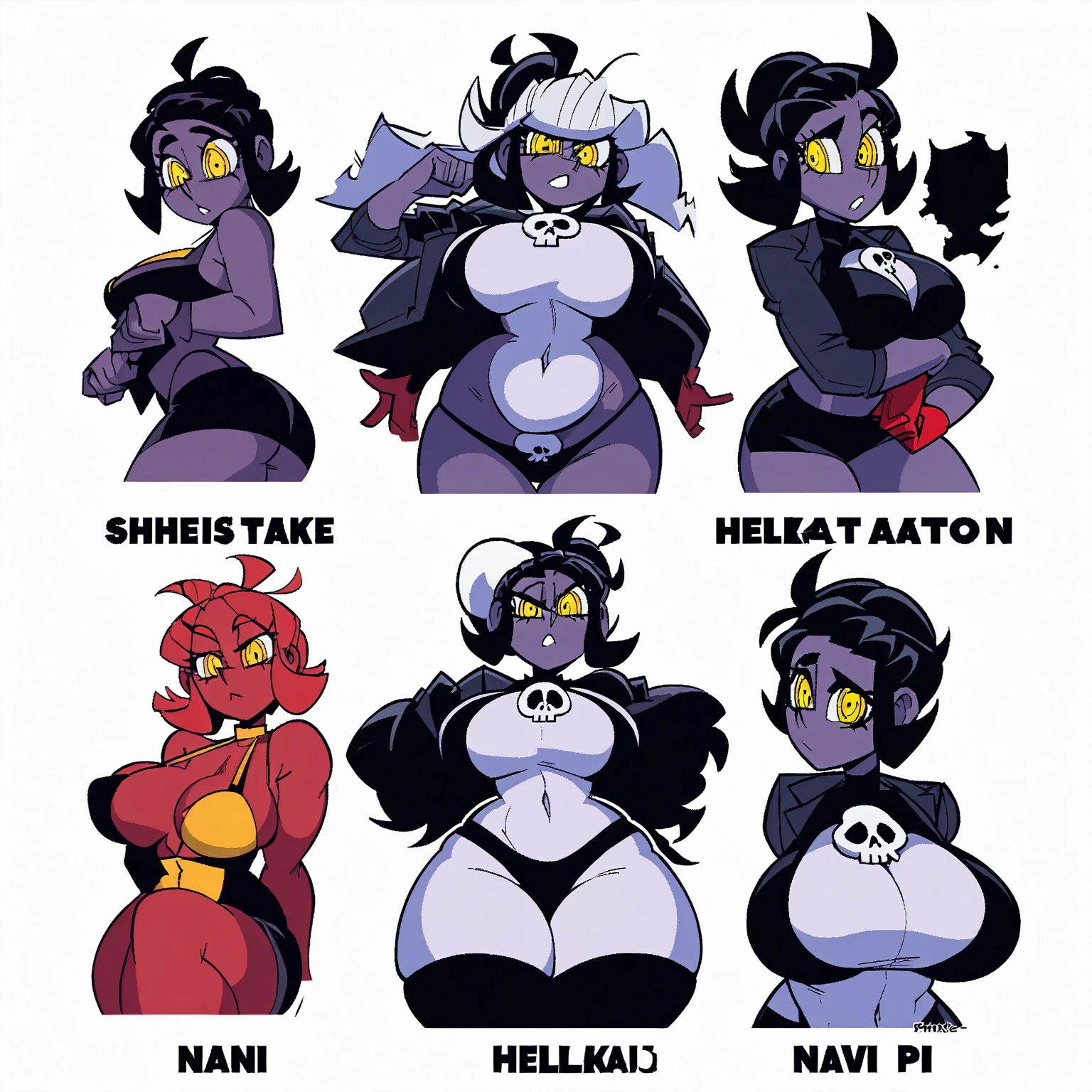 Helltaker style, anime digital art stylee, featuring a slim thicc plus-size woman inspired by Nani Pelekai from. wearing a skimpy outfit with a skull hat, she is doing different sitting poses, pixie cut hairstyle, red skin, yellow eyes, extra thicc, thick body shape, perfect drawn hands, high detail, 2d anime character, perfect anatomy, shadows and lighting