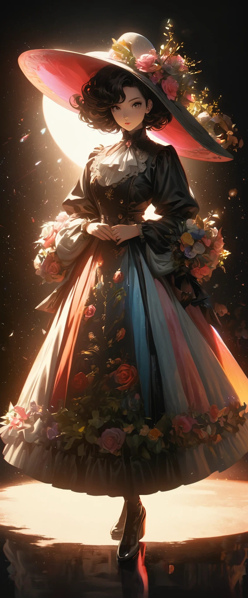 illustration,,acrylic ,Thick coating,victorian art style,genius girl,Beautiful clothes made of flowers,(full body portrait:1.4),Wide-brimmed hat,spotlight effect,rim light,Glowing special effects,Bright colors、bright,high saturation,high contrast,black background,Ultra-fine,Surreal,Real light and shadow contrast,realistic raytracing,True light attenuation,True light reflection,anti-aesthetic style,poodle punk,Snapshot aesthetic style