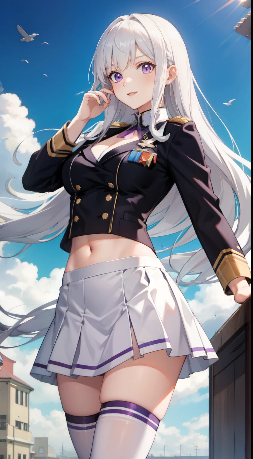 slim legs, cleavage, short skirt, navel, purple eyes, thigh high socks, stand, White hair, long hair, short skirt, happy, military uniform, field