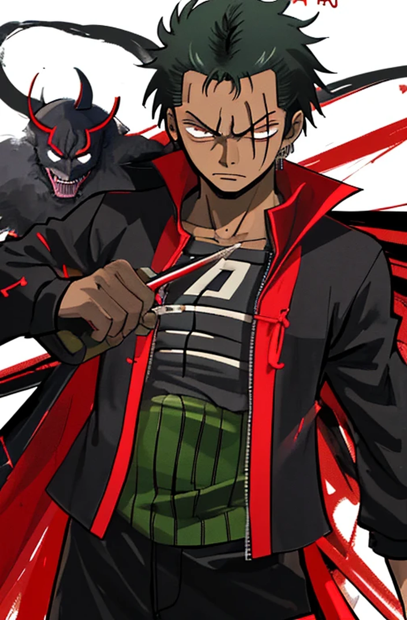 black young man, zoro hairstyle, black hair, red sword, uniforme demon slayer, Naruto pose,sharinggan eyes