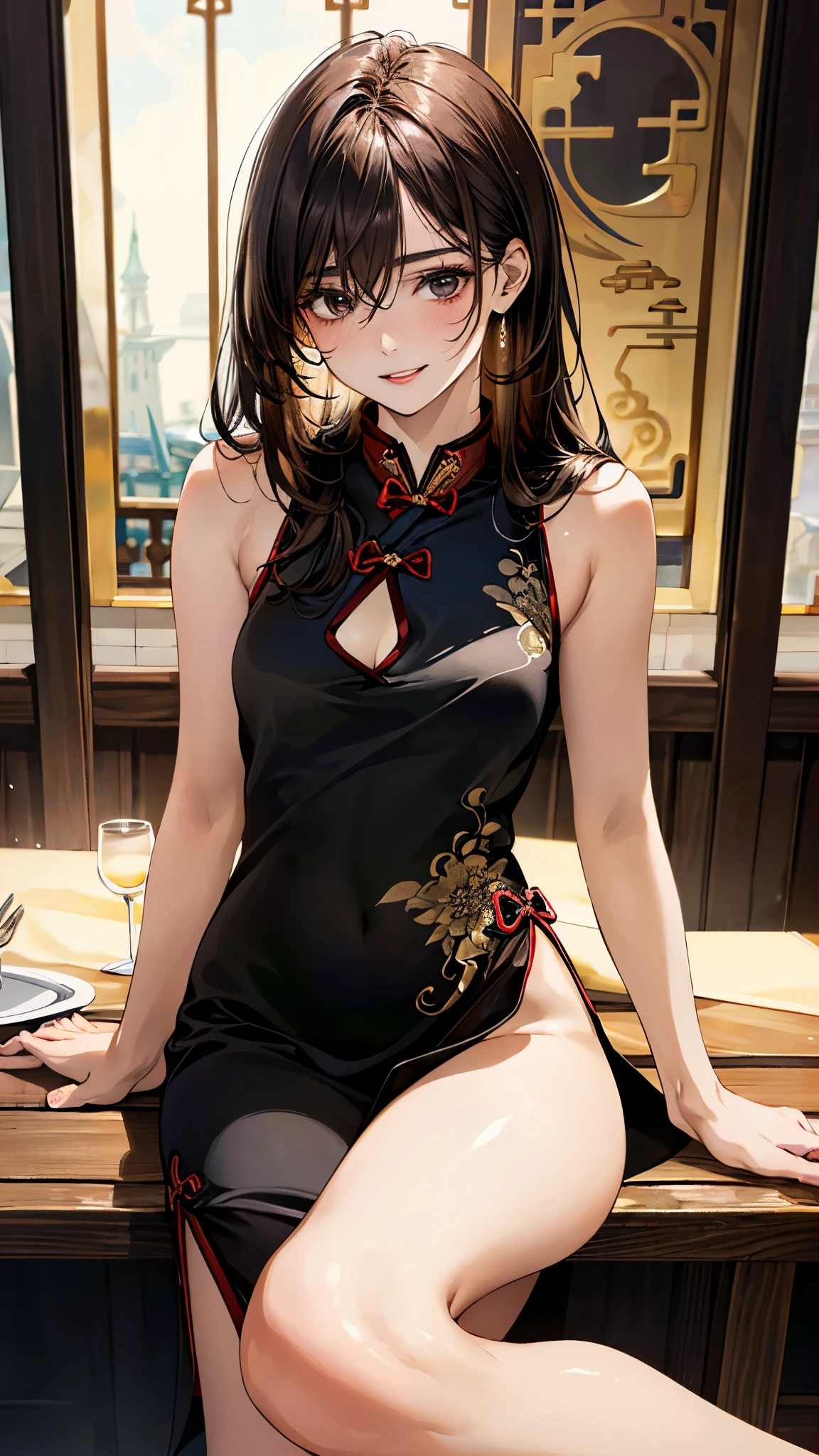 (masterpiece:1.3, top-quality, ultra high res, ultra detailed), (realistic, photorealistic:1.4), beautiful illustration, perfect lighting, natural lighting, colorful, depth of fields, 
looking at viewer, 1 girl, 16 years old, 7 headed body, perfect face, (perfect anatomy), cute and symmetrical face, baby face, shiny skin, (Ideal ratio body proportions), 
(long hair:1.7, straight hair:1.5, brown hair), hair between eyes, black eyes, long eye lasher, (large breasts:1.2, seductive thighs), slender, small buttocks, skinny legs, 
beautiful hair, beautiful face, beautiful detailed eyes, beautiful clavicle, beautiful body, beautiful chest, beautiful thigh, beautiful legs, beautiful fingers, 
((sleeveless black mini cheongsam)), high heels, anklets, 
(beautiful scenery), (surrealism, restaurant), (happy smile, parted lips),