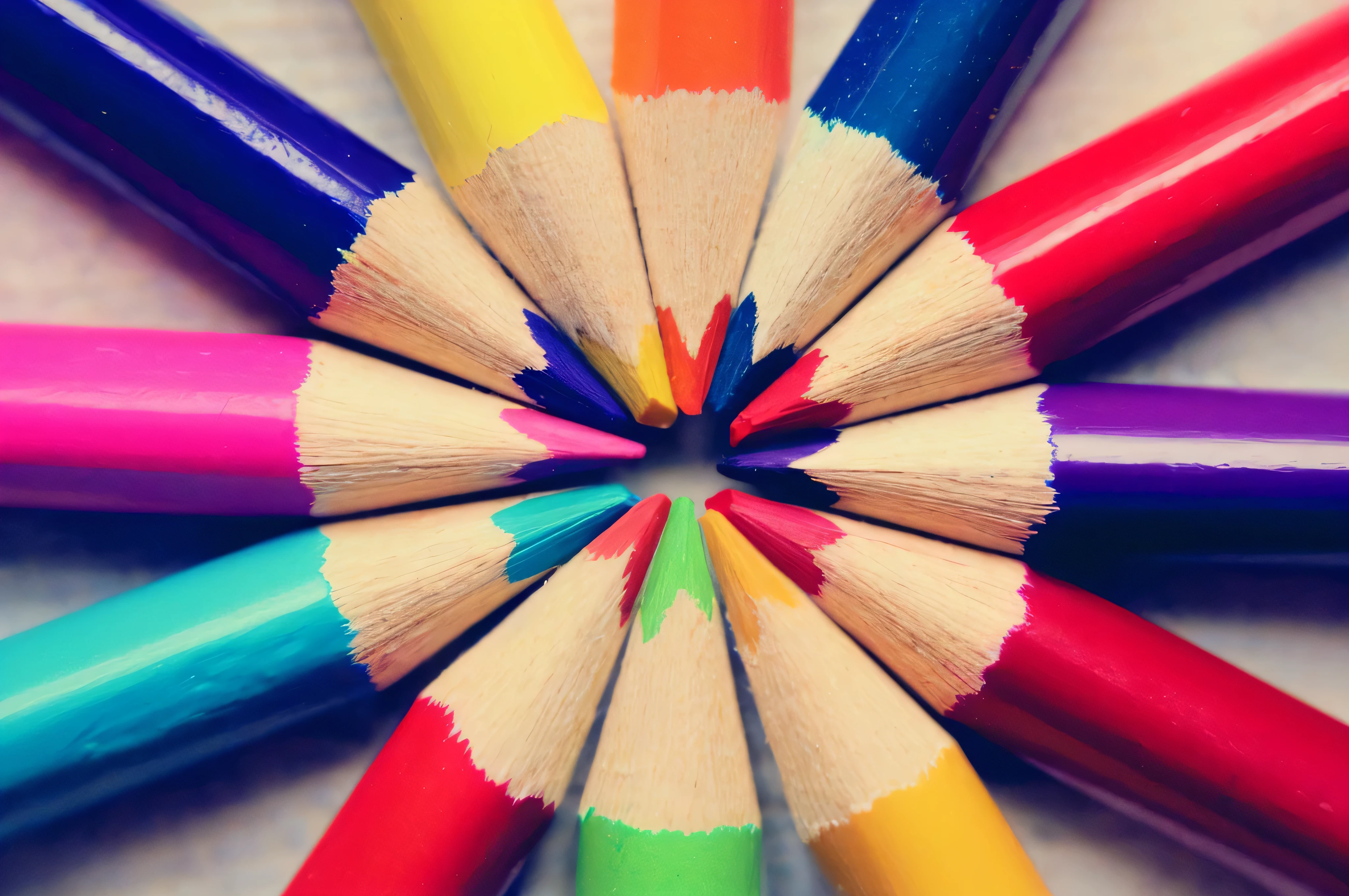 a close up of a group of colored pencils arranged in a circle, colored pencils, coloured with lots of colour, colorful hd picure, color pencil, colorful picture, colourfull, colored, color pencil art, colored pencil art, colorfully, pencils, colorful]”, colorful clear sharp focus, pencil marks hd, colorful image, colorful photo, colorful, colorful colors