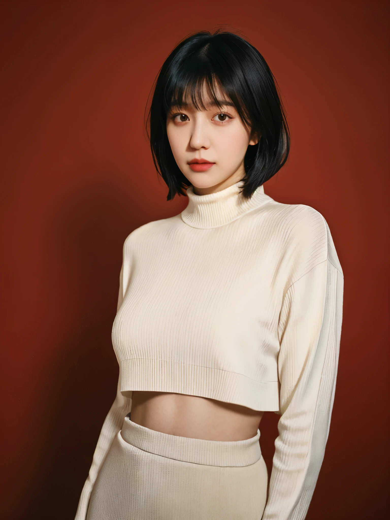 A stunning intricate full color portrait of (sks woman:1), wearing a white turtleneck with cropped in the belly part, cropped turtleneck, dark red plain background, epic character composition, by ilya kuvshinov, alessio albi, nina masic, sharp focus, natural lighting, subsurface scattering, f1.8, 35mm, film grain, black bob hair, (((black hair))), side bang, best hair