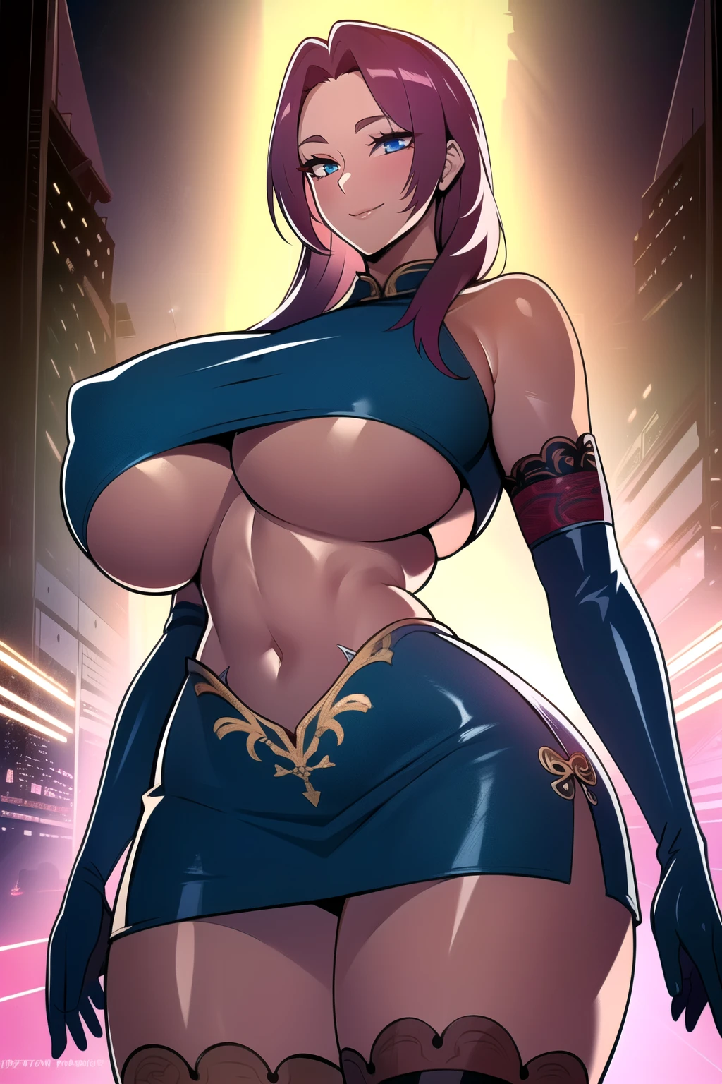 ultra realistic 8k cg, masterpiece, (( intricate detail, highly detailed, fine details best quality, hyperdetailed face)), gigantic breasts ,beautiful lighting, absurdres, BoaHancockV2, 1girl, solo, red hair, long hair, jewelry, closed mouth, ), (chinese dress, (underboob : 1.4), elbow gloves, thigh boots, split skirt, bare shoulders, curvy, midriff, curvy, thighs, shiny clothes), blue eyes, (complex detailed background, inside, luxury palace), ((cowboy shot)), curvy, (gigantic breasts: 1.1), seductive smile, cowboy shot, (tan skin :1.1) (tan face:1.1)