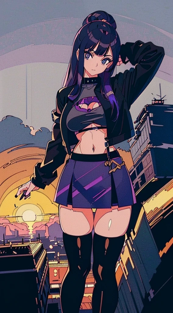 1990s, (masterpiece), high-definition, detailed face, cute girl, abs, (big tits: 1.4) big hips, round ass, (black hair with dark purple highlights: 1.4), (tight grey t-shirt: 1.4), (black jacket: 1.4), (purple tight skirt: 1.3), belt, (black thong: 1.2), thigh high stockings, boots, fishnet, pin-up pose, alleyway, sunset