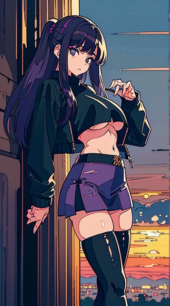 1990s, (masterpiece), high-definition, detailed face, cute girl, abs, (big tits: 1.4) big hips, round ass, (black hair with dark purple highlights: 1.4), (tight grey t-shirt: 1.4), (black jacket: 1.4), (purple tight skirt: 1.3), belt, (black thong: 1.2), thigh high stockings, boots, fishnet, pin-up pose, alleyway, sunset
