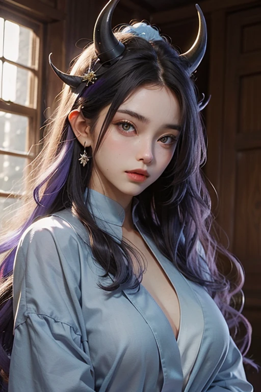 ((highest quality)), ((masterpiece)), (be familiar with), perfect face、black dragon'horned head、light blue robe、woman、light purple hair、long hair side parted、straight hair、inside the castle、clear eyes、yellow eyes、With a big magic wand、headdress on the forehead、pointy ears、castle with windows、sunlight、whole body
