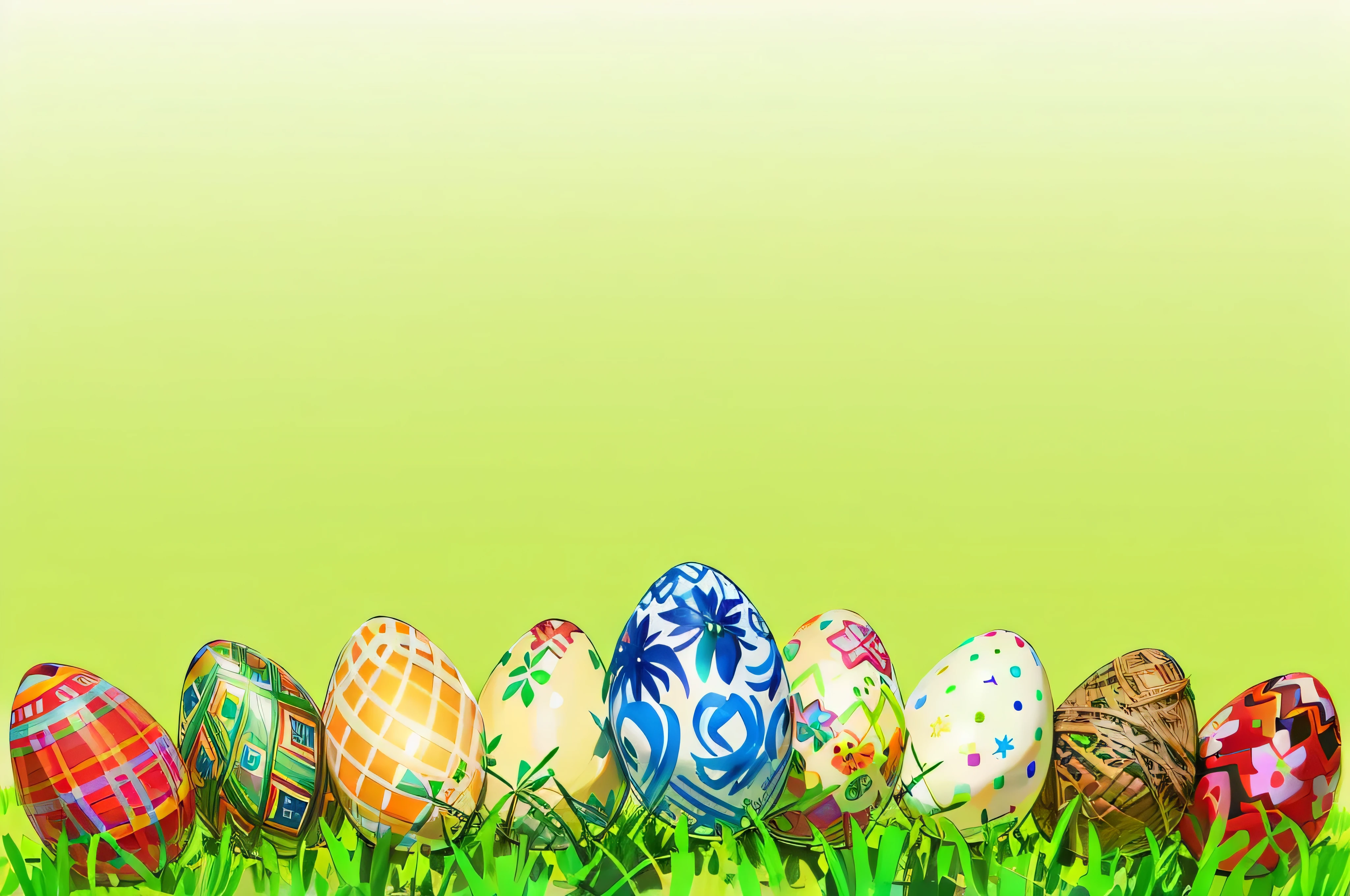 a close up of a row of painted eggs in the grass, easter, eggs, translucent eggs, an illustration of, holding in the hands easter eggs, painted pale yellow and green, made with illustrator, graphic illustration, egg, 2 d cg, hi - res, hi-res, background is white, colored illustration, hyper realistic background, holding easter eggs