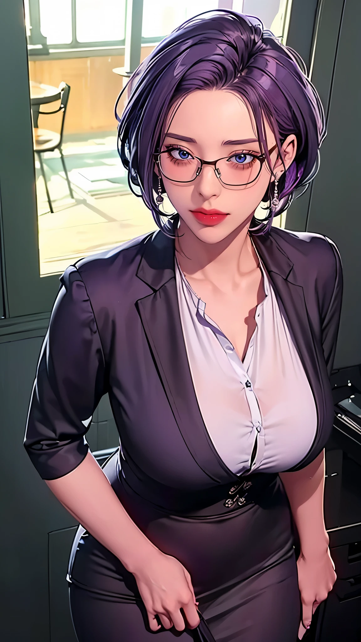 （（（完美figure，figure，suit， gray shirt，hip-covering skirt（（（JMT,Glasses,purple hair,short hair,purple eyes,MiJungdef，purple eyes，purple hair，medium hair，）））型figure:1.7））），((masterpiece)),high resolution, ((Best quality at best))，masterpiece，quality，Best quality，（（（ Exquisite facial features，looking at the audience,There is light in the eyes，Happy，***********nterlacing of light and shadow，huge boobs））），（（（looking into camera，black background，looking at viewer
standing
from above)）））