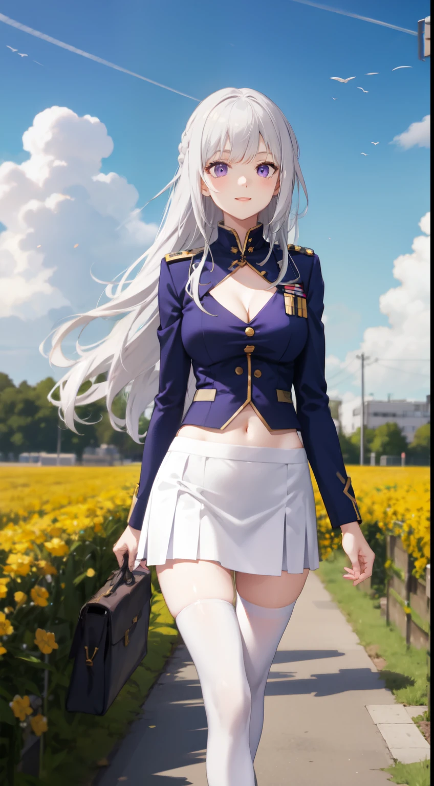 slim legs, cleavage, short skirt, navel, purple eyes, thigh high socks, stand, White hair, long hair, short skirt, happy, military uniform, field