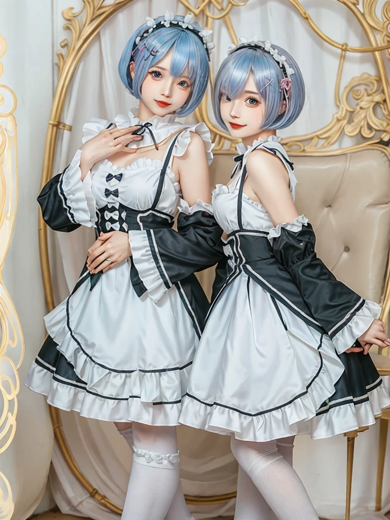 (8K, Photorealistic, Raw photo, of the highest quality: 1.3), (1girl in), Super beautiful, (Realistic face), (boyish, Silver Color Berry Shorthair), Beautiful , Glare that captivates the viewer, Beautiful expression, Beautiful breasts, (Realistic skin), Be...Create a detailed and colorful image of Ram and Rem from Re:Zero, standing back-to-back in their maid outfits, with a magical fantasy background、ars old, two girls,cute, perfect face, beautiful, nice body, gothic lolita clothes, gothic lolita fashion, frilly skirt, headdress, necklace, bracelet, knee-high socks, boots, double eyelids, tear bags, Detailed down to the fingers, photo-like description, indoors, dim indoor lighting, one girl is pink hair and short bob, another girl is light blue hair and short bob,standing, whole body, composition that shows the whole body, smiling,The Both of them are wearing the same type of maid outfit