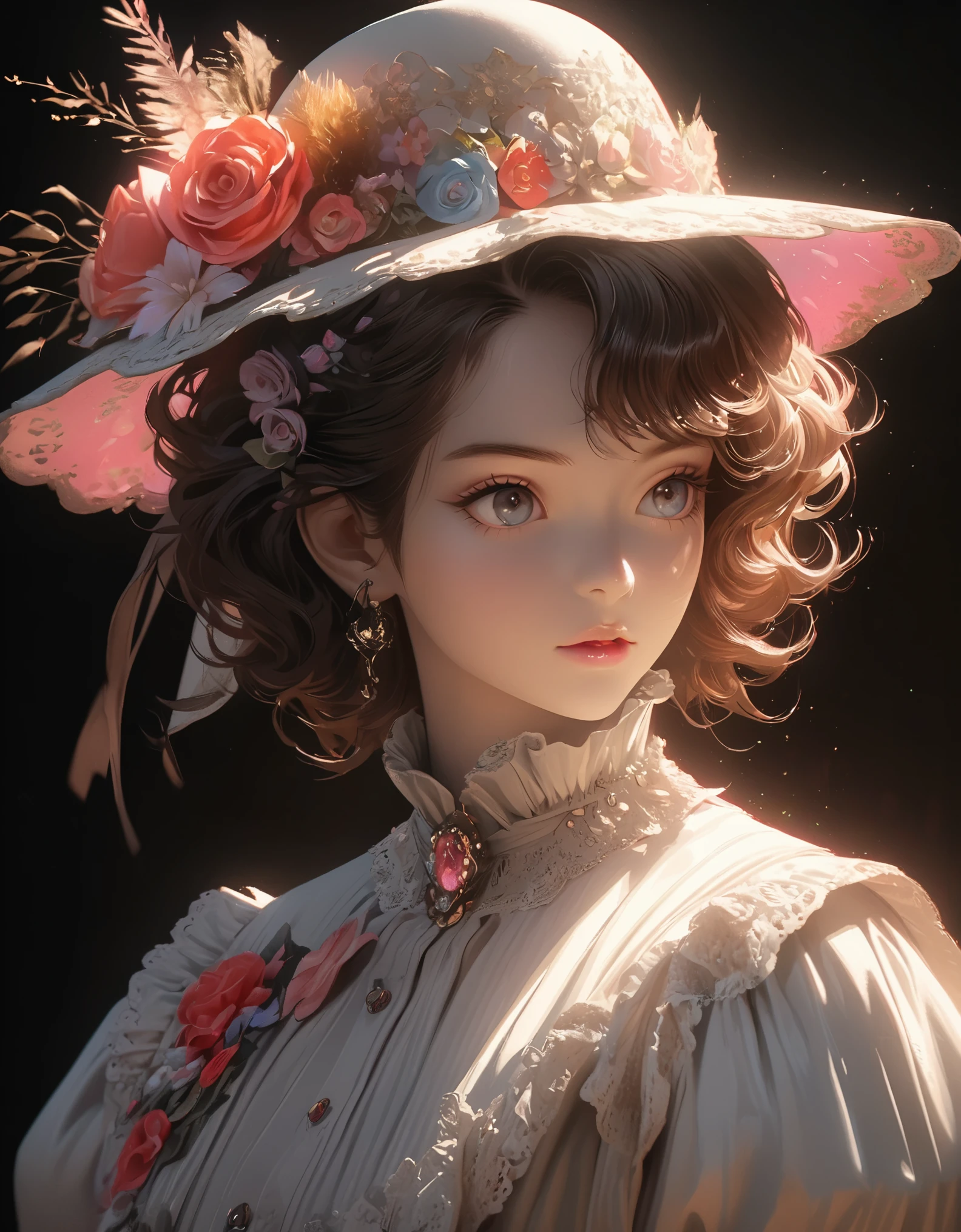 illustration,,acrylic ,Thick coating,victorian art style,genius girl,Beautiful clothes made of flowers,(portrait:1.4),Wide-brimmed hat,spotlight effect,rim light,Glowing special effects,Bright colors、bright,high saturation,high contrast,black background,Ultra-fine,Surreal,Real light and shadow contrast,realistic raytracing,True light attenuation,True light reflection,anti-aesthetic style,poodle punk,Snapshot aesthetic style