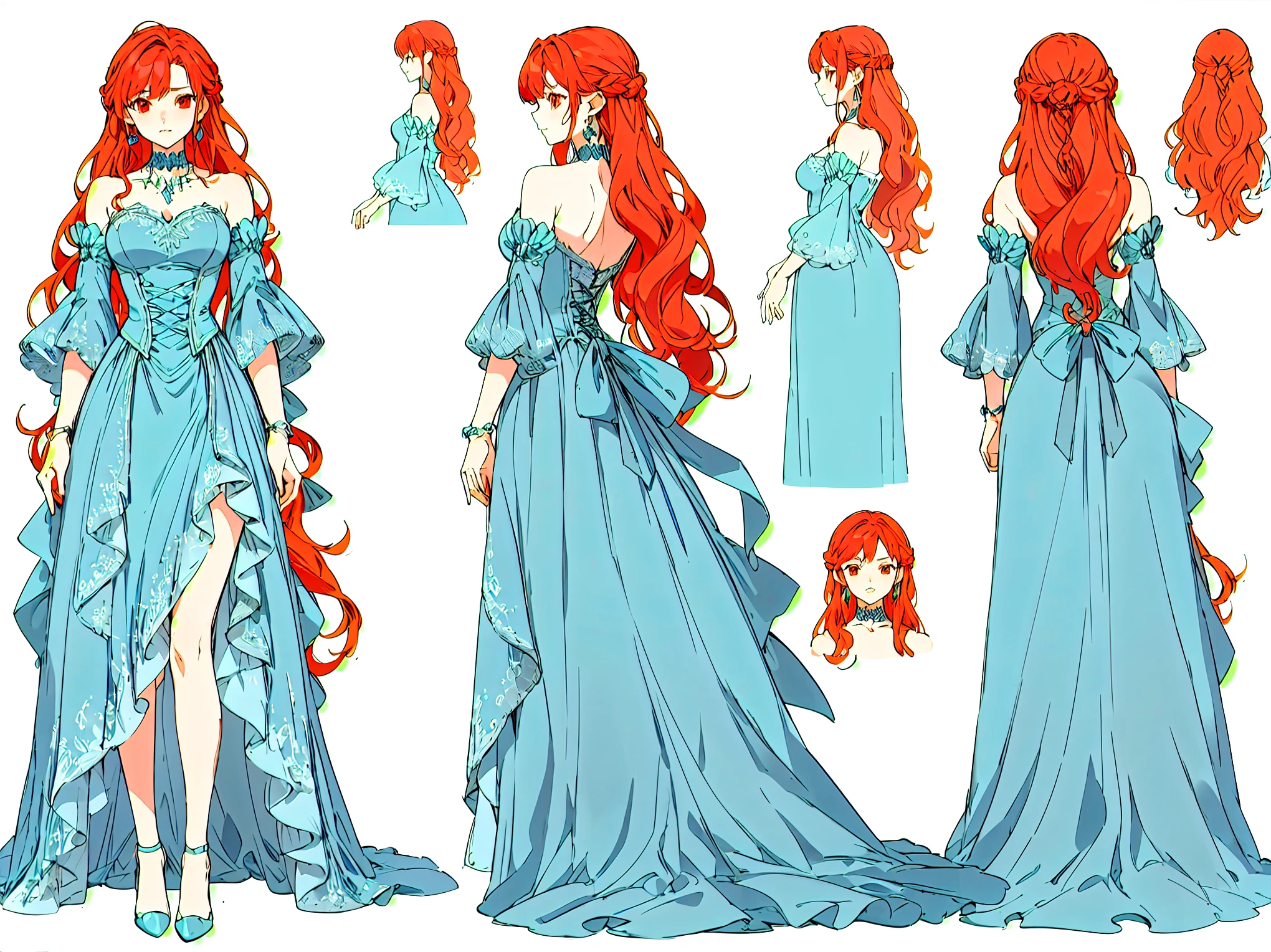 Close-up of woman in blue dress with red hair, Red eyes,pretty Anime character design, Anime character design, anime full body illustration, detailed drawing of an anime character, Kushart Krenz Kay Art for women, Shōjo manga character design, Anime Characters Reference Sheet, beautiful full body concept art, full body character design, best Anime character design