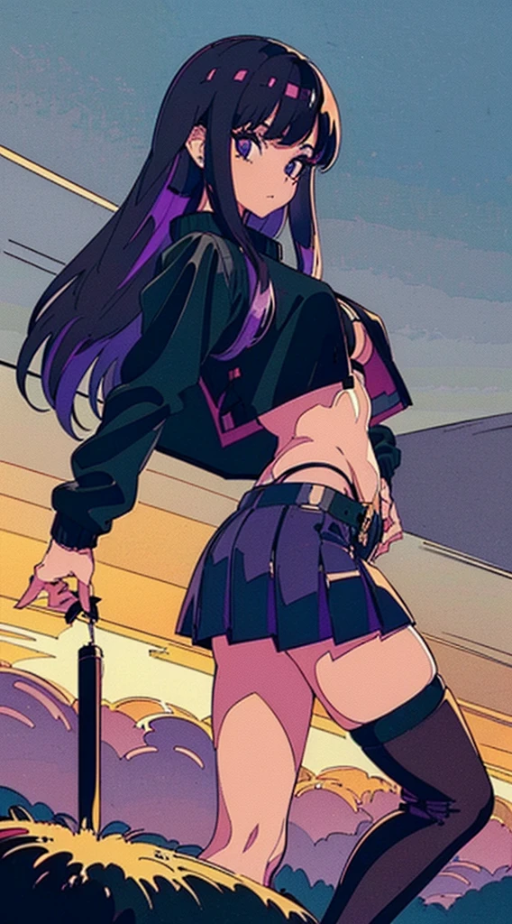 1990s, (masterpiece), high-definition, detailed face, cute girl, abs, (big tits: 1.4) big hips, round ass, (black hair with dark purple highlights: 1.4), (tight grey t-shirt: 1.4), (black jacket: 1.4), (purple tight skirt: 1.3), belt, (black thong: 1.2), thigh high stockings, boots, fishnet, pin-up pose, battleship, sunset