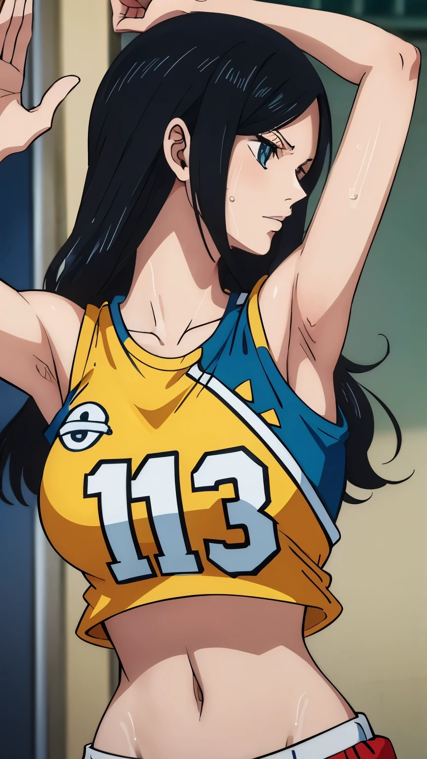 a close up of a person wearing a basketball uniform, a picture, inspired by Kentaro Miura, trending on pixiv, Nico Robin, One Piece, wearing yellow nba jersey, yellow croptop nba jersey, wearing a low cut croptop, wearing croptop, croptop, the word "Lakers" on the croptop, golden raito, (winking), shirobako, large)}], favorite scene, fine details. anime. skins, sweating, big breasts, both hands raised, armpits, armpits visible, dripping with sweat, more more sweat, sweaty armpits