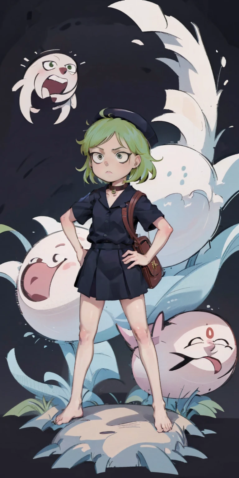 ((black background)) Tatsumaki kneel on WHITE sheet, short bob hair green hair, GREEN EYES, kindergarten_uniform,yellow hat,red school bag, leather choker collar slave , (hands on hips, clenching fist 👊 ✊️)