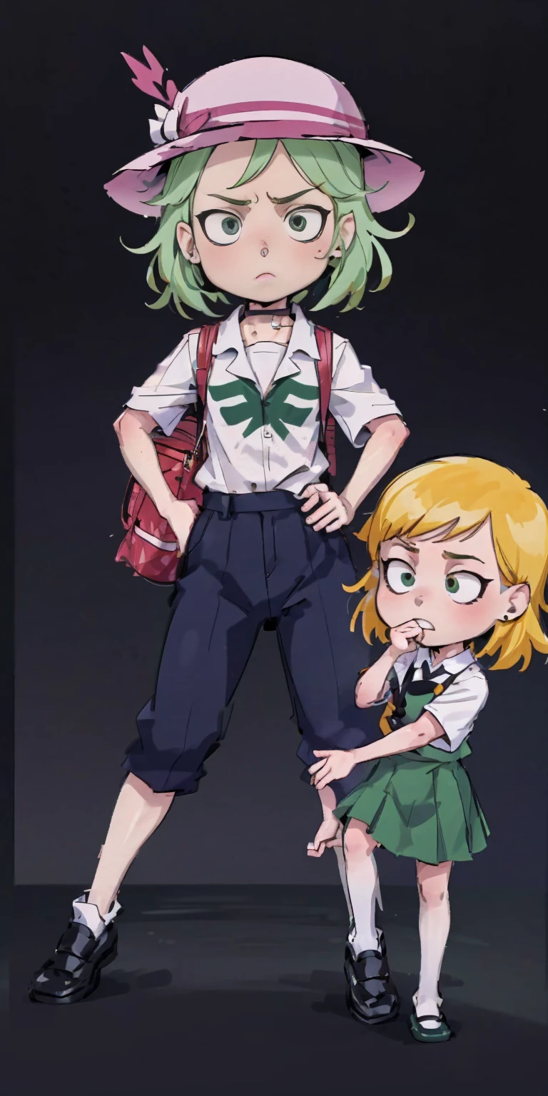 ((black background)) Tatsumaki kneel on WHITE sheet, short bob hair green hair, GREEN EYES, kindergarten_uniform,yellow hat,red school bag, leather choker collar slave , (hands on hips, clenching fist 👊 ✊️)