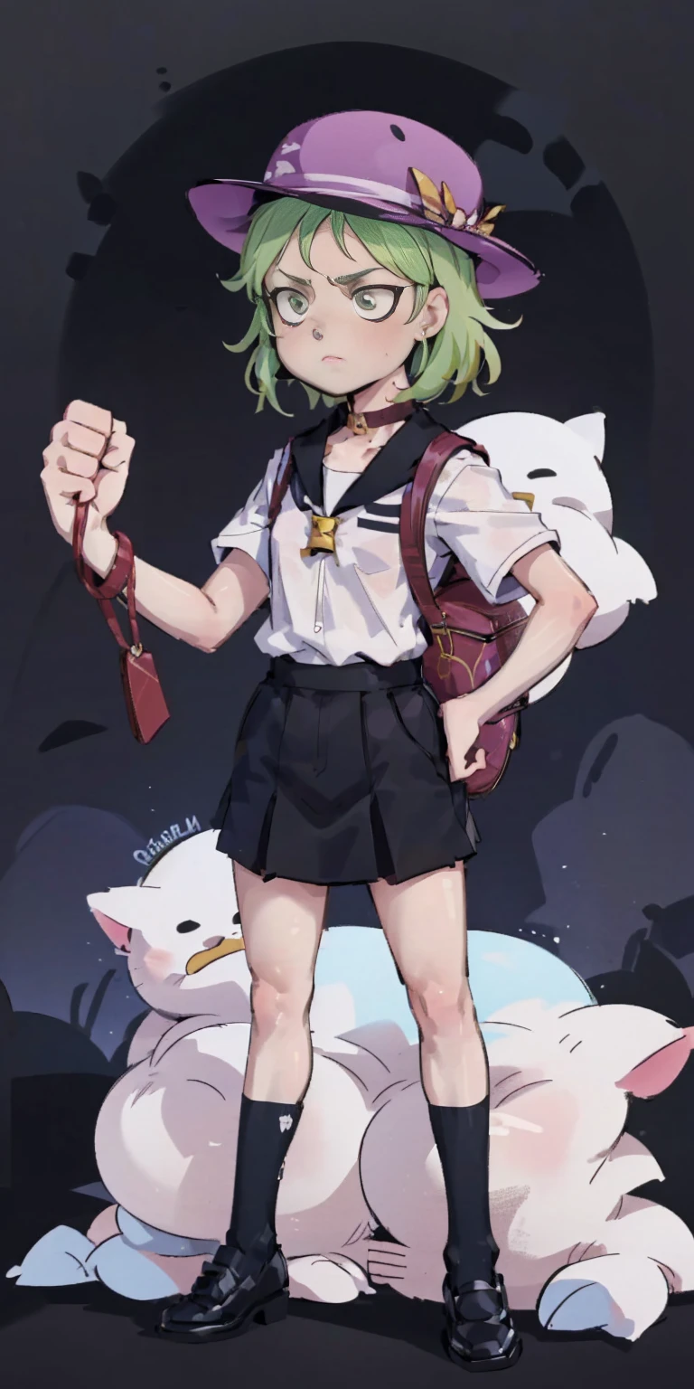 ((black background)) Tatsumaki kneel on WHITE sheet, short bob hair green hair, GREEN EYES, kindergarten_uniform,yellow hat,red school bag, leather choker collar slave , (hands on hips, clenching fist 👊 ✊️)