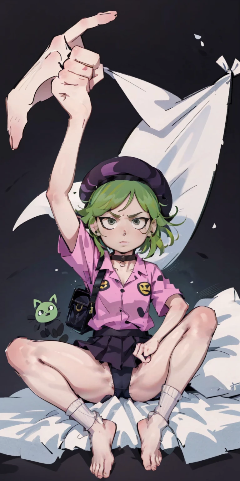 ((black background)) Tatsumaki kneel on WHITE sheet, short bob hair green hair, GREEN EYES, _uniform,yellow hat,red school bag, leather choker collar slave , (hands on hips, clenching fist 👊 ✊️)