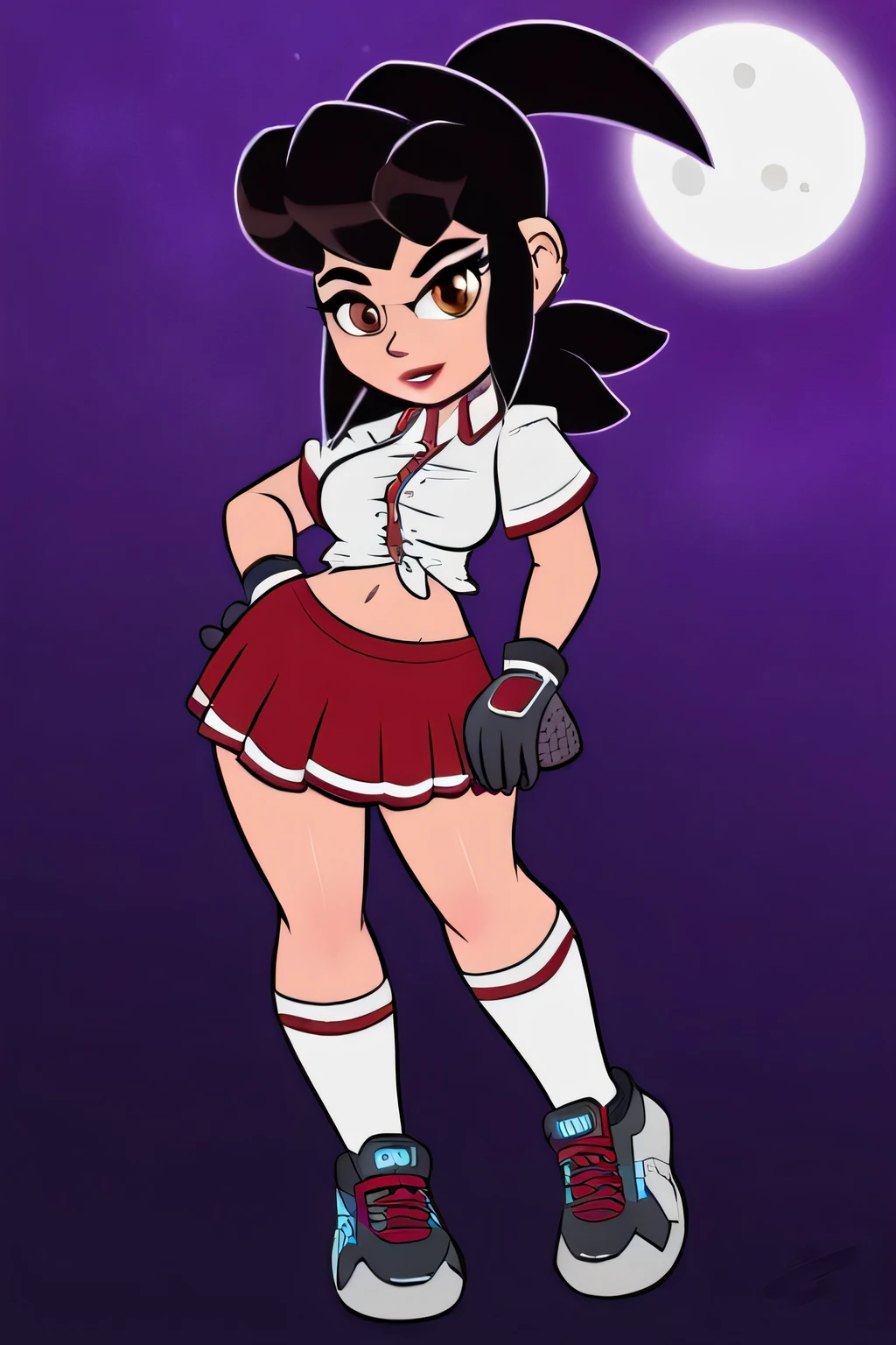 A sexy sensei, tall girl, black hair that reaches the middle of her back, her brown eyes, she dresses collegiately, a white knotted shirt, unbuttons and shows her navel, she is wearing a red skirt, wearing a net between long socks and brown tennis shoes, wearing her hand, gloves, black steel, clan of moon moon