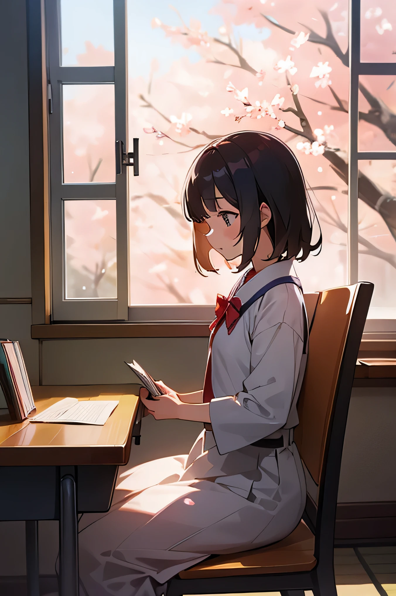 single girl, in a japanese classroom, wearing uniform, desk and chair, window seat, reading a book, looking outside the window, cherry blossom outside the window