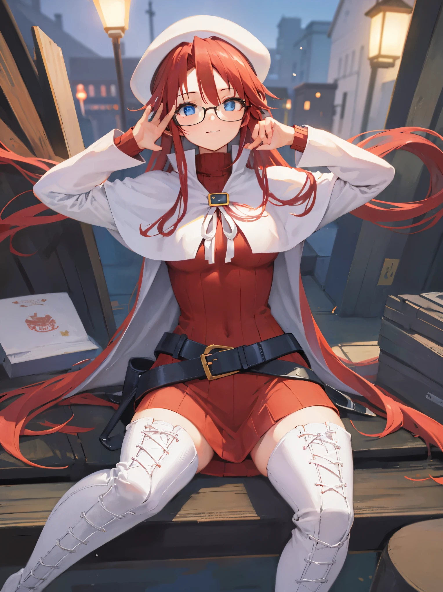 pov,(nsfw:1.2),summonnightaty, aty, (young:1.3),long hair, blue eyes, red hair, beret, hat, glasses,
BREAK long hair, thighhighs, hat, dress, boots, glasses, belt, cape, sweater, zettai ryouiki, beret, thigh boots, white footwear, ribbed sweater, loose belt,solo,
BREAK outdoors, fantasy,on_a_ship,
BREAK (masterpiece:1.2), best quality, high resolution, unity 8k wallpaper, (illustration:0.8), (beautiful detailed eyes:1.6), extremely detailed face, perfect lighting, extremely detailed CG, (perfect hands, perfect anatomy),covered_nipples,covered_navel,light_smile ,(half_eyes:1.4),sword,armpit,sleepy,dynamic_sitting,barrel,red_sweater,apart_legs,magical_effect,focus_breasts,spread_legs,panties,light_open_mouth,