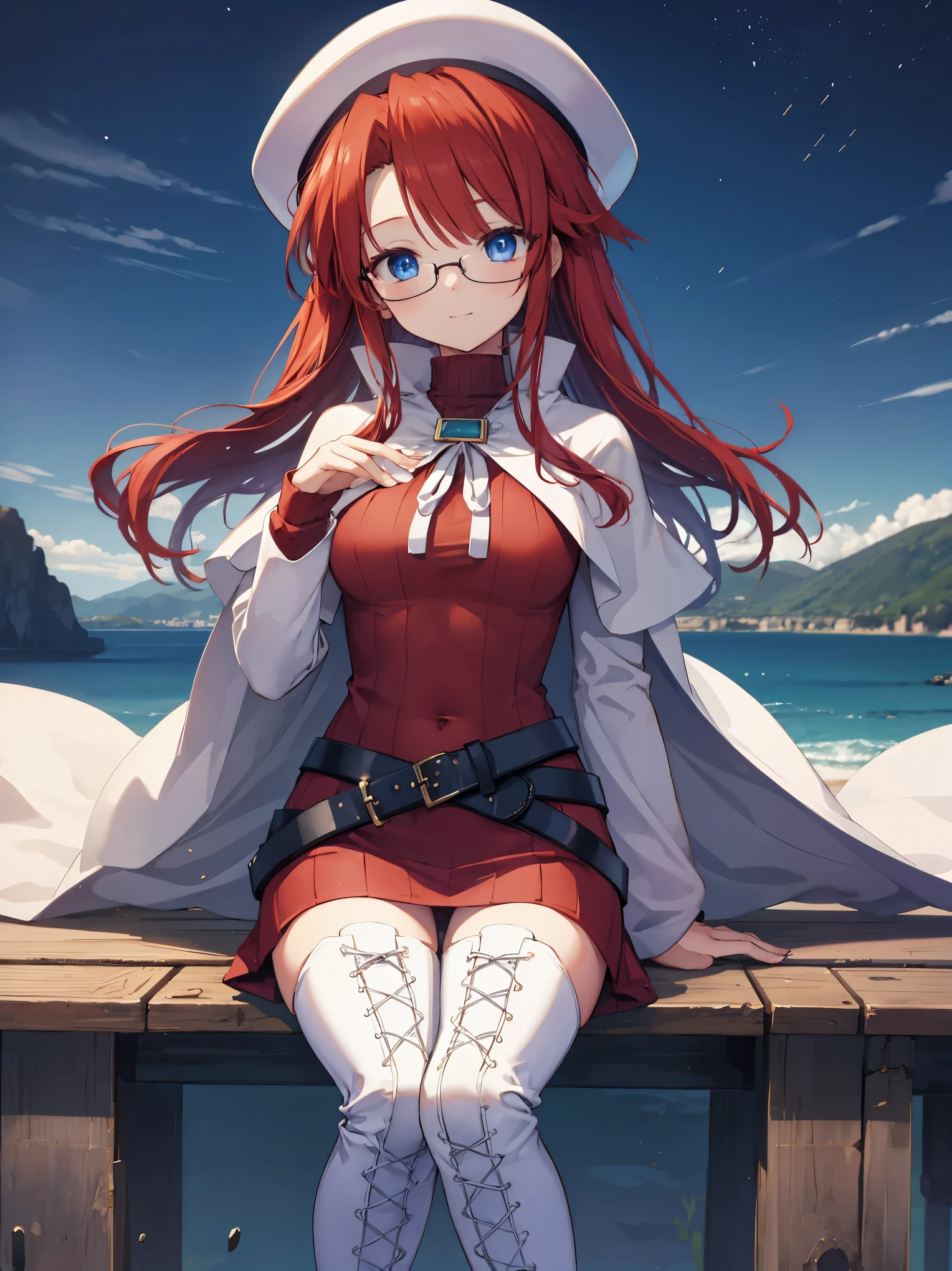 summonnightaty, aty, long hair, blue eyes, red hair, beret, hat, glasses,
BREAK long hair, thighhighs, hat, dress, boots, glasses, belt, cape, sweater, zettai ryouiki, beret, thigh boots, white footwear, ribbed sweater, loose belt,solo,
BREAK outdoors, fantasy_town,
BREAK (masterpiece:1.2), best quality, high resolution, unity 8k wallpaper, (illustration:0.8), (beautiful detailed eyes:1.6), extremely detailed face, perfect lighting, extremely detailed CG, (perfect hands, perfect anatomy),covered_nipples,covered_navel,light_smile ,(half_eyes:1.4),sword,armpit,sleepy,sitting_on_the_barrel,barrel,red_sweater,apart_legs,